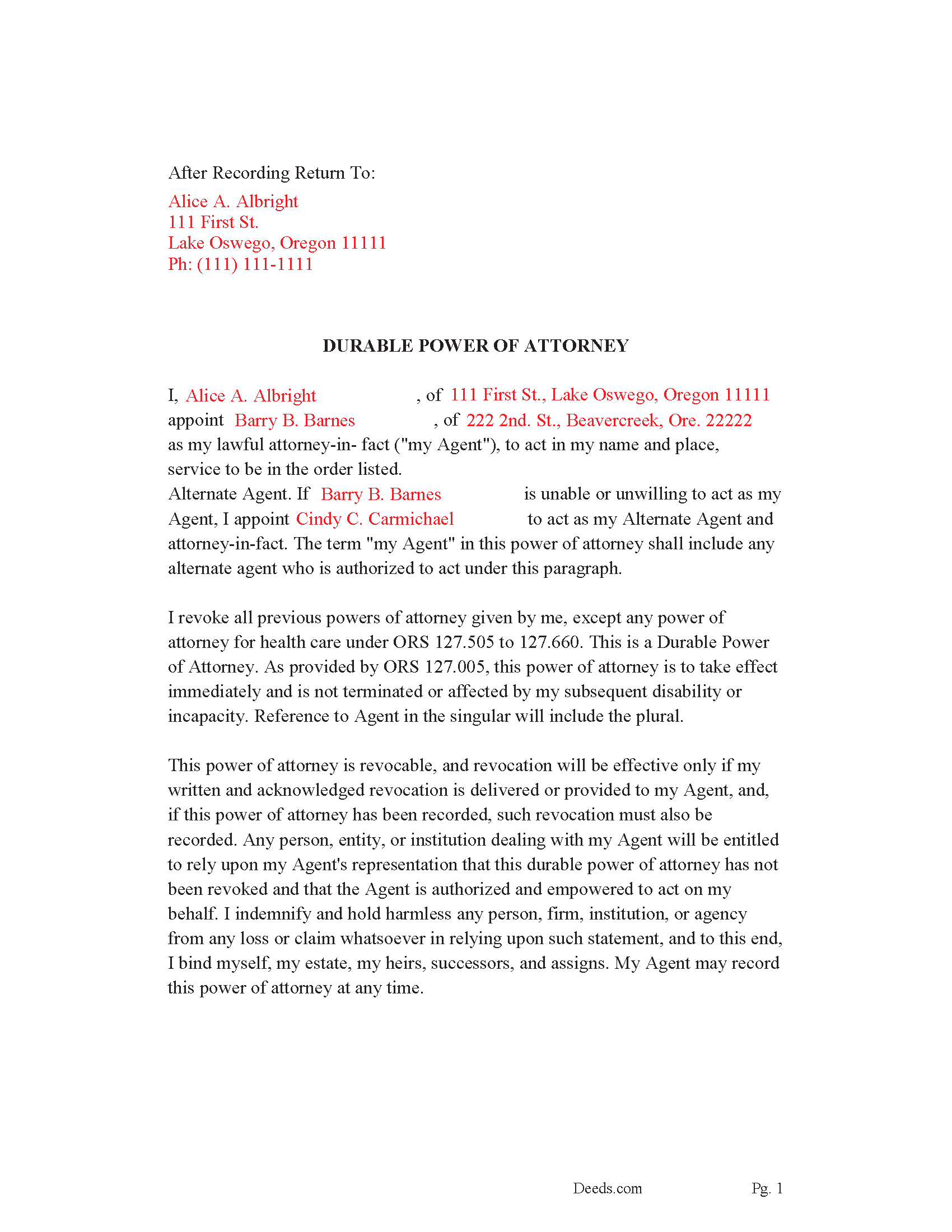 Baker County Completed Example of the Durable Power of Attorney