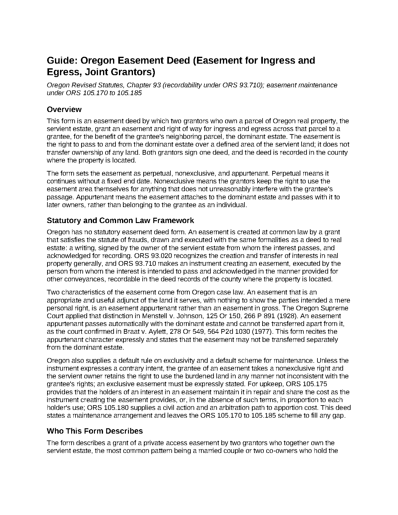 Washington County Easement Deed (Ingress and Egress, Joint Grantors) Guide