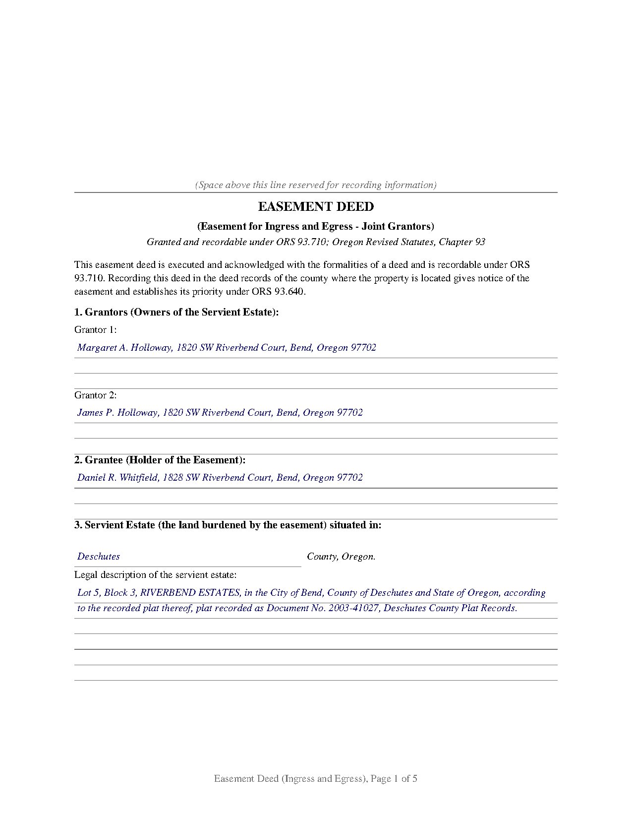 Washington County Completed Example of the Easement Deed (Ingress and Egress, Joint Grantors) Document