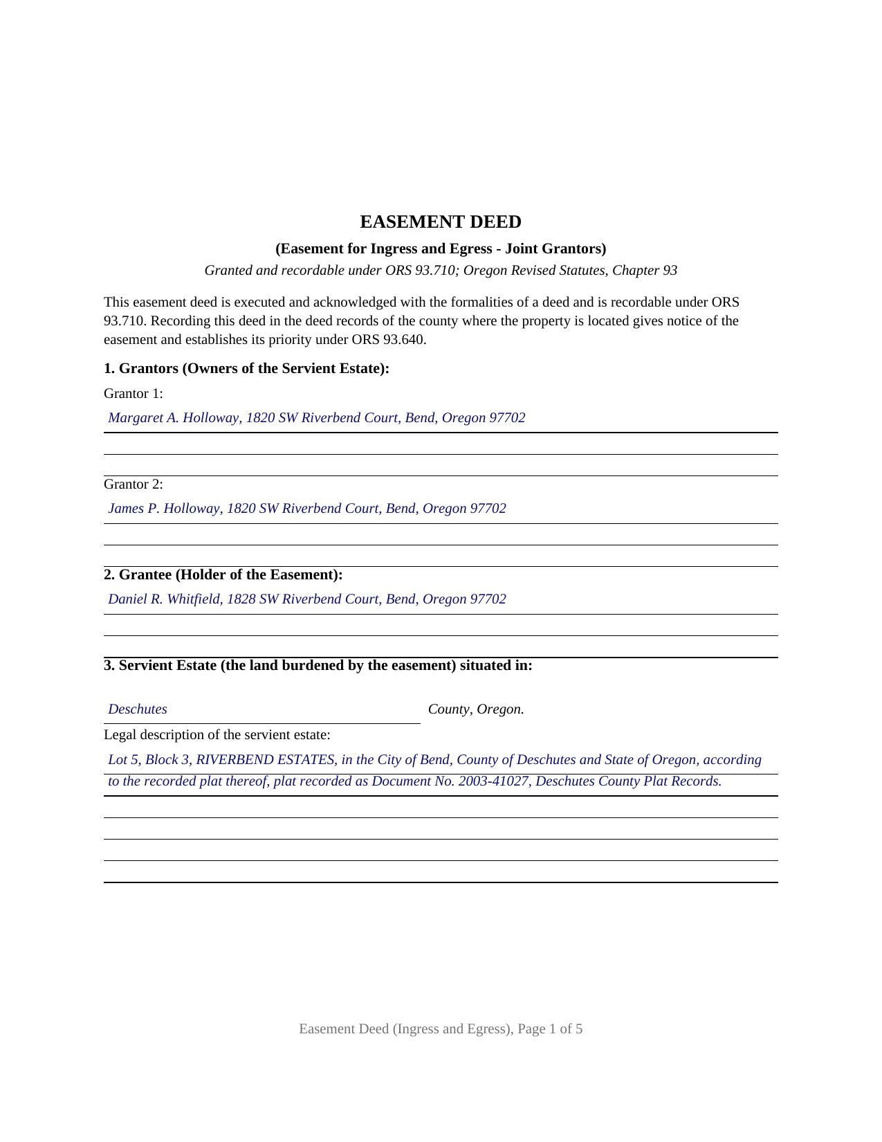 Union County Completed Example of the Easement Deed (Ingress and Egress, Joint Grantors) Document