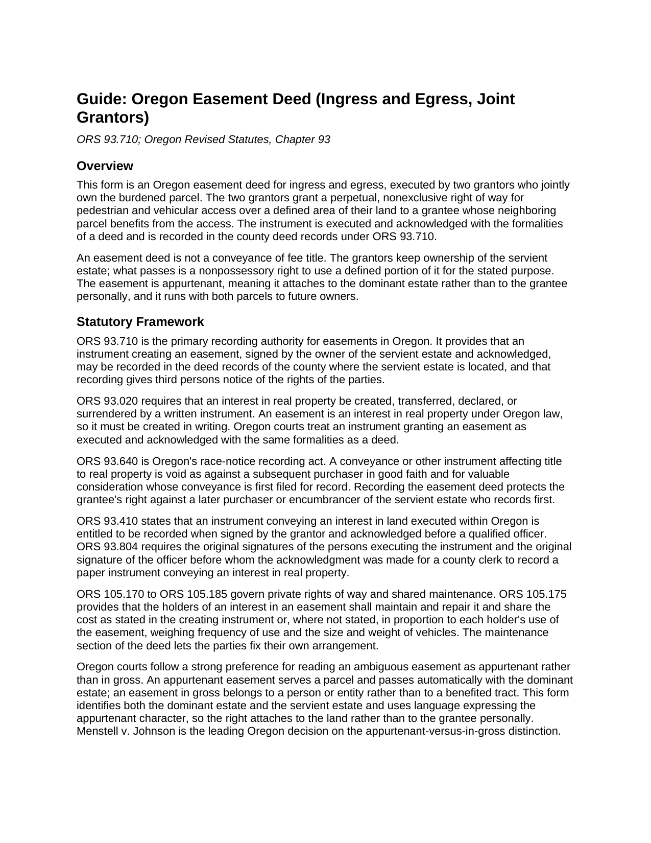 Union County Easement Deed (Ingress and Egress, Joint Grantors) Guide