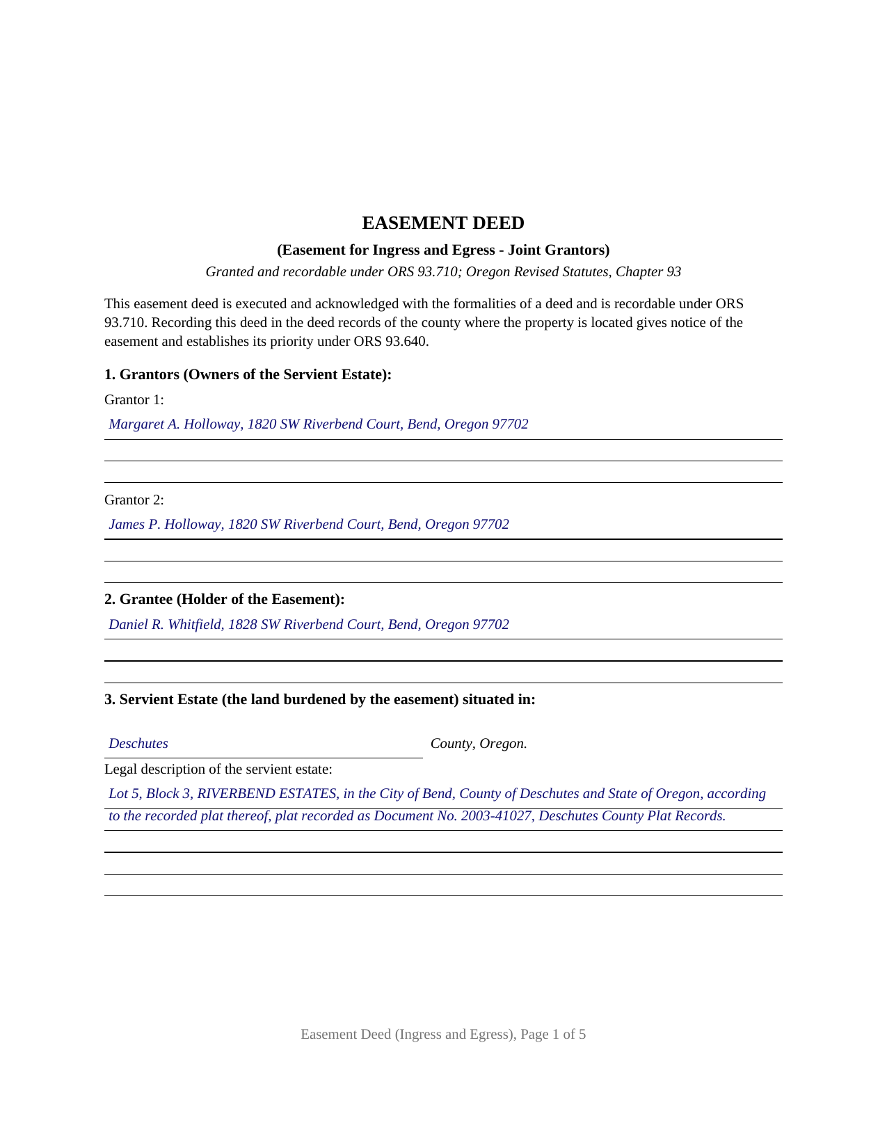 Lake County Completed Example of the Easement Deed (Ingress and Egress, Joint Grantors) Document