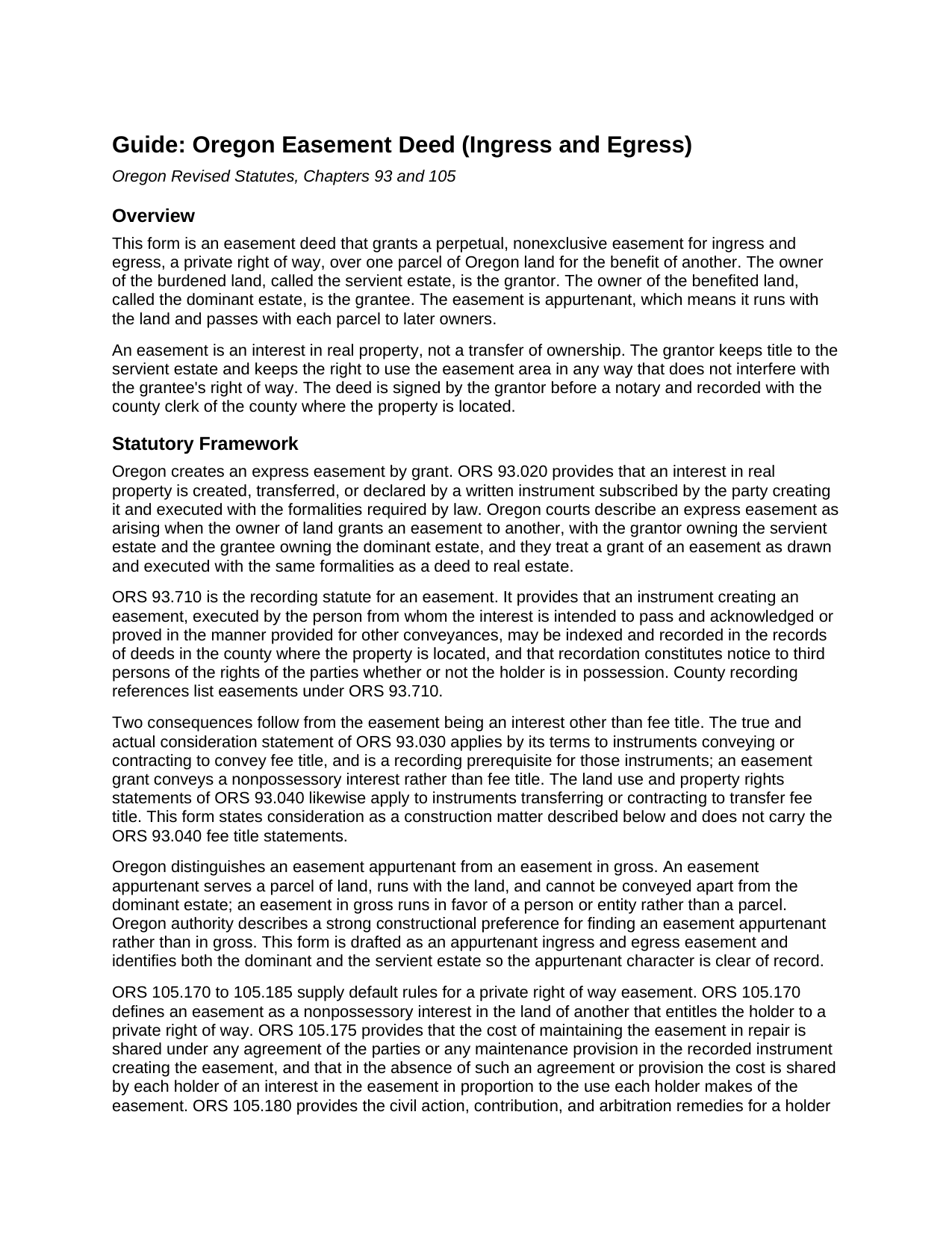 Washington County Easement Deed (Ingress and Egress) Guide