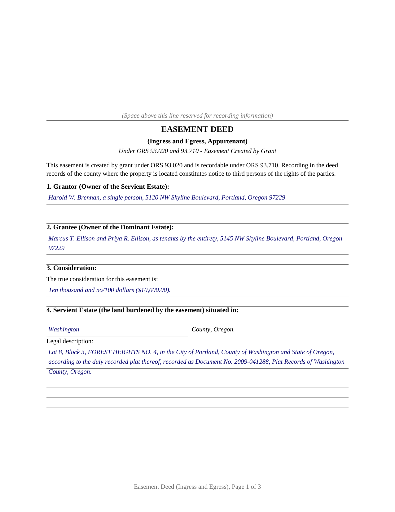 Washington County Completed Example of the Easement Deed (Ingress and Egress) Document