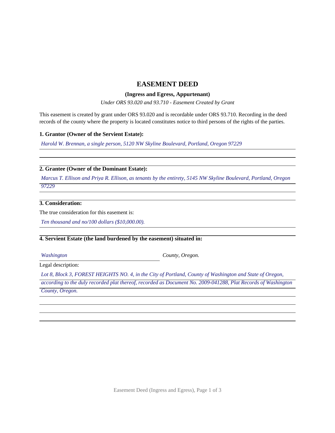 Union County Completed Example of the Easement Deed (Ingress and Egress) Document