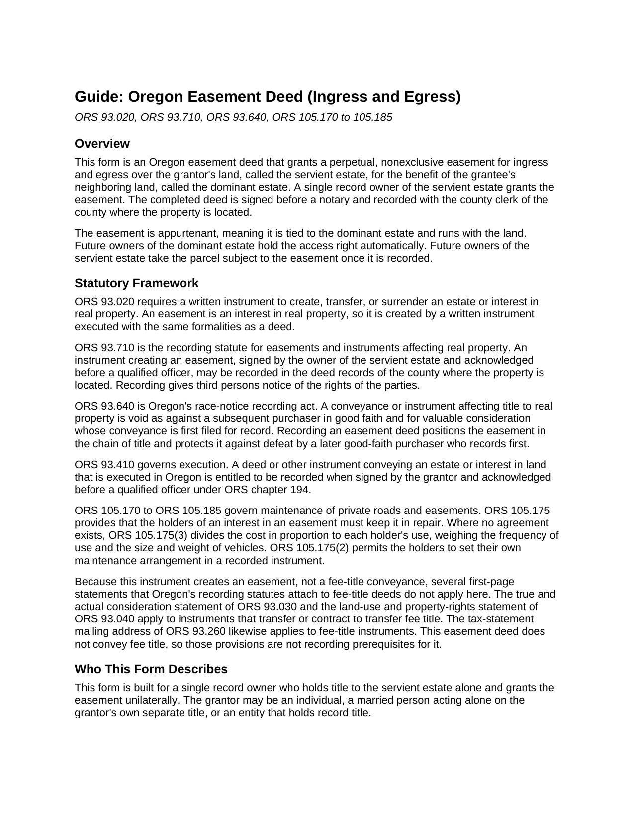 Lake County Easement Deed (Ingress and Egress) Guide