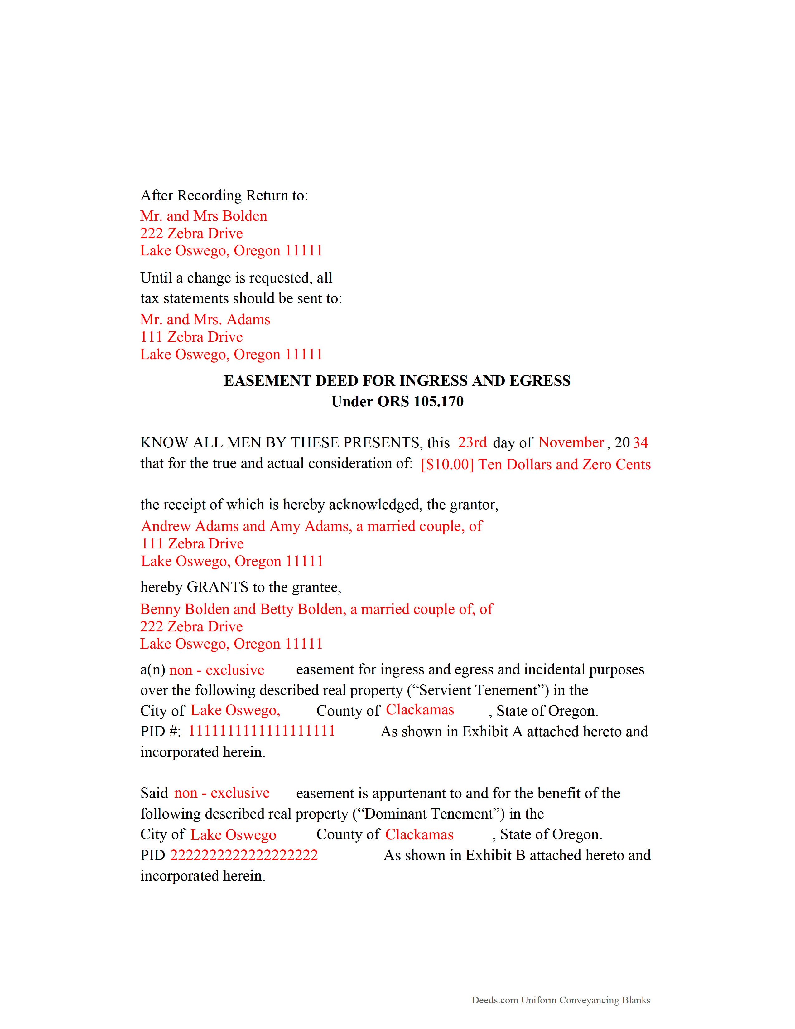 Completed Example of the Easement Deed Document