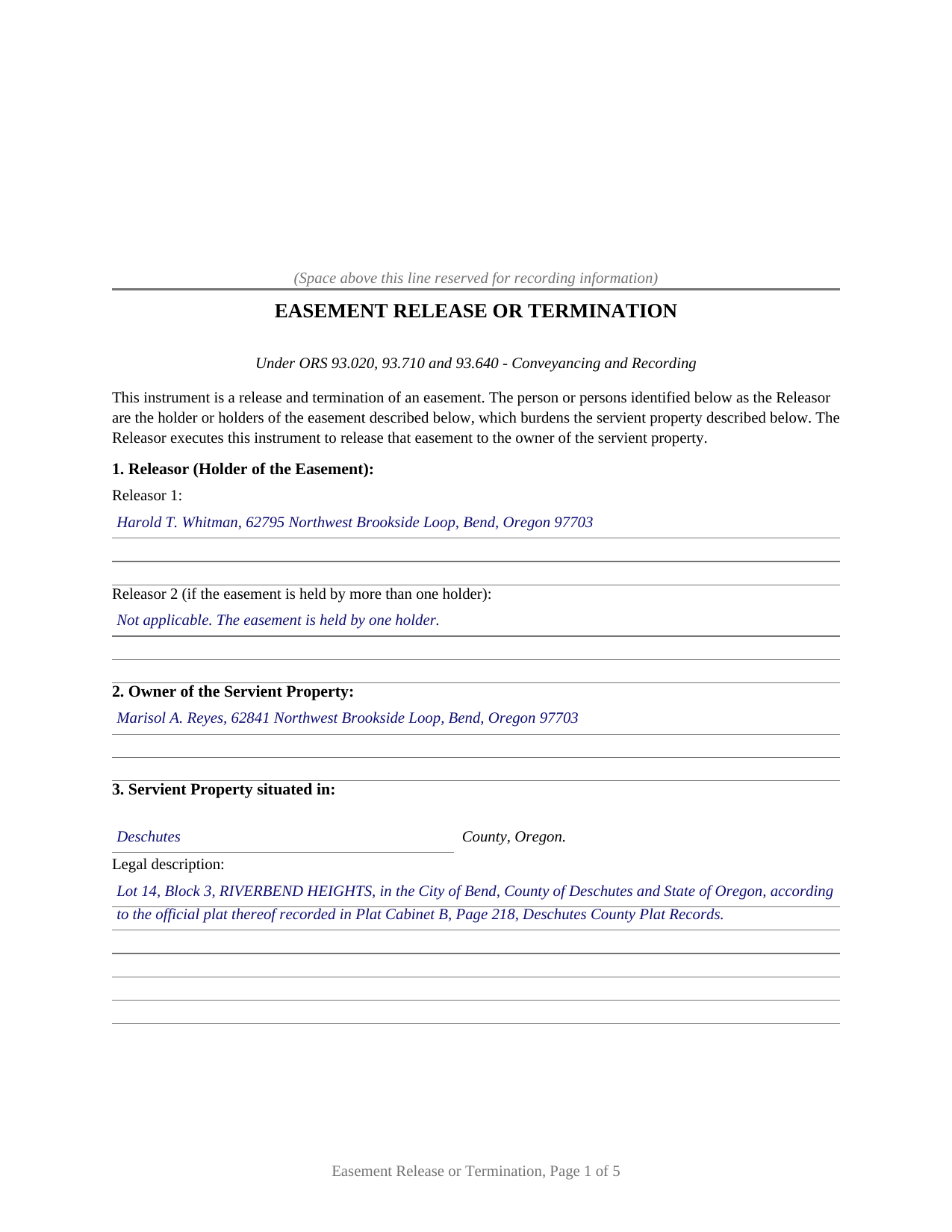 Columbia County Completed Example of the Easement Release or Termination Document