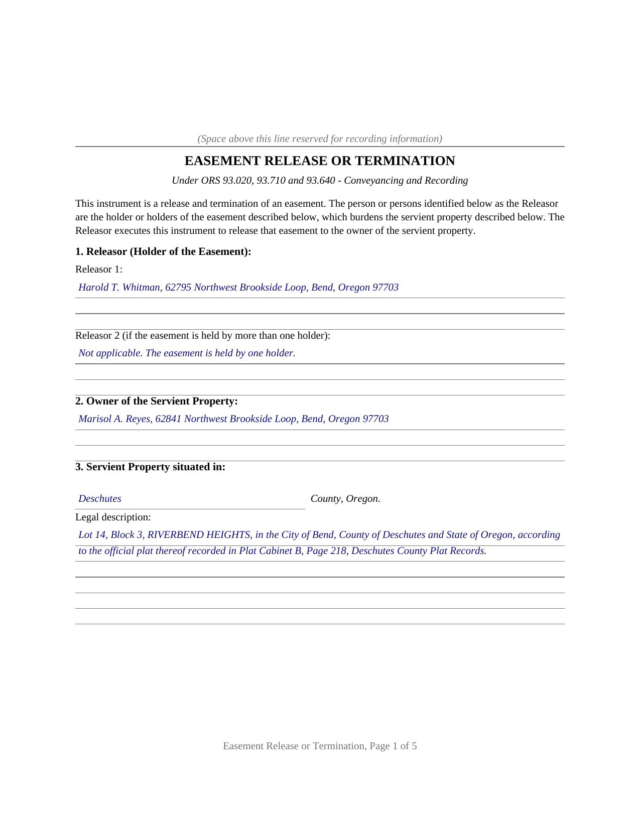 Lake County Completed Example of the Easement Release or Termination Document