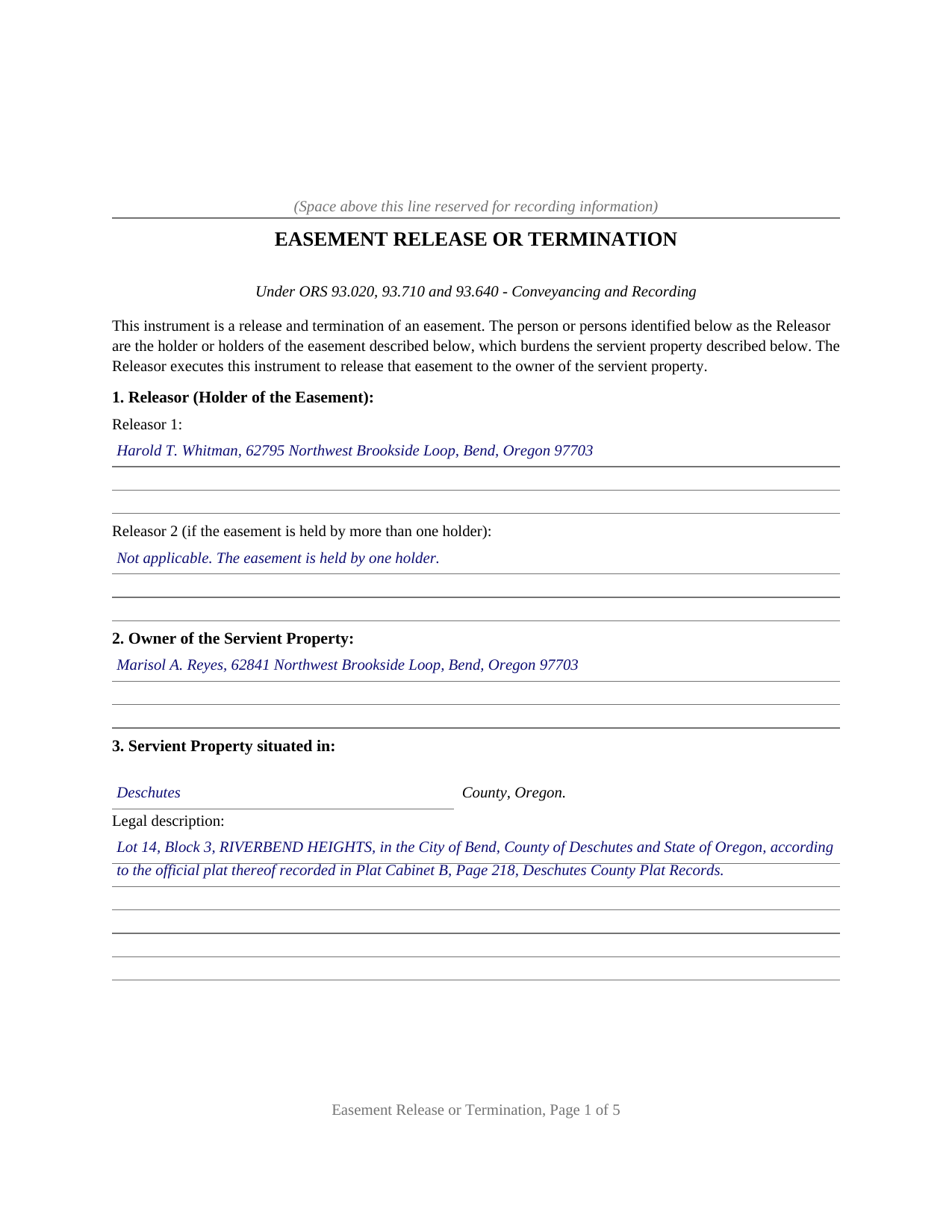 Jefferson County Completed Example of the Easement Release or Termination Document