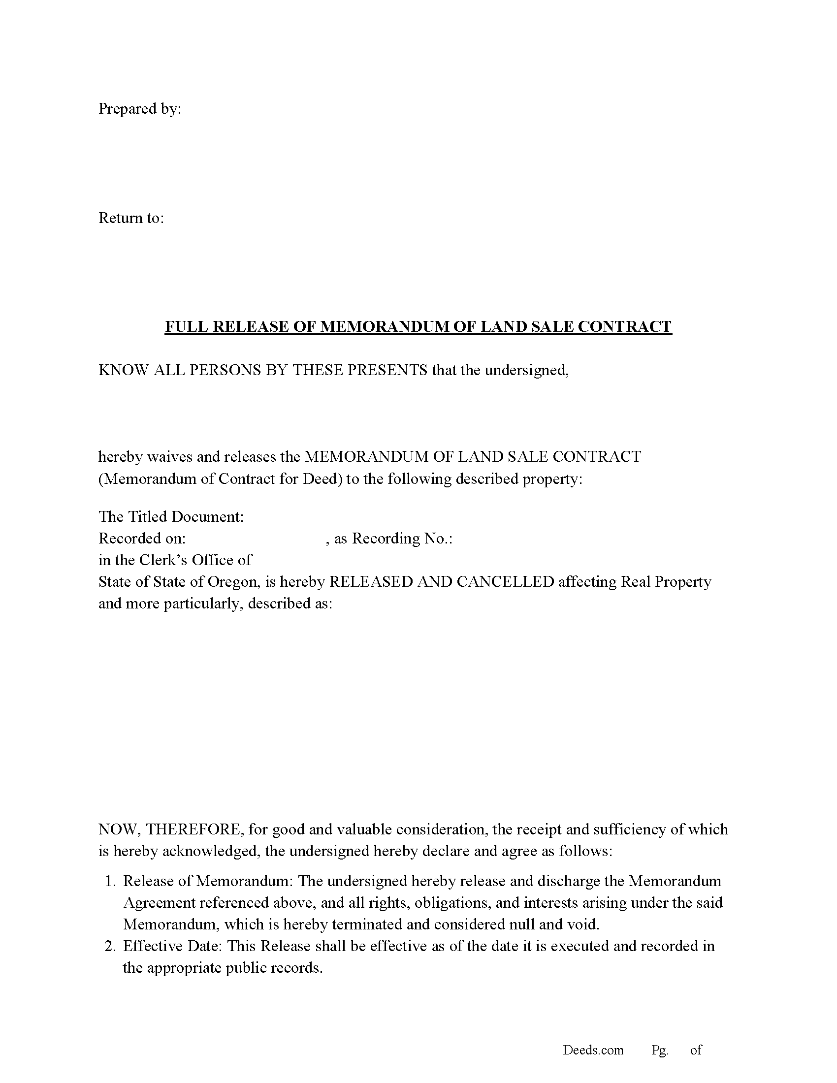 Polk County Full Release of Memorandum of Land Sale Contract Form