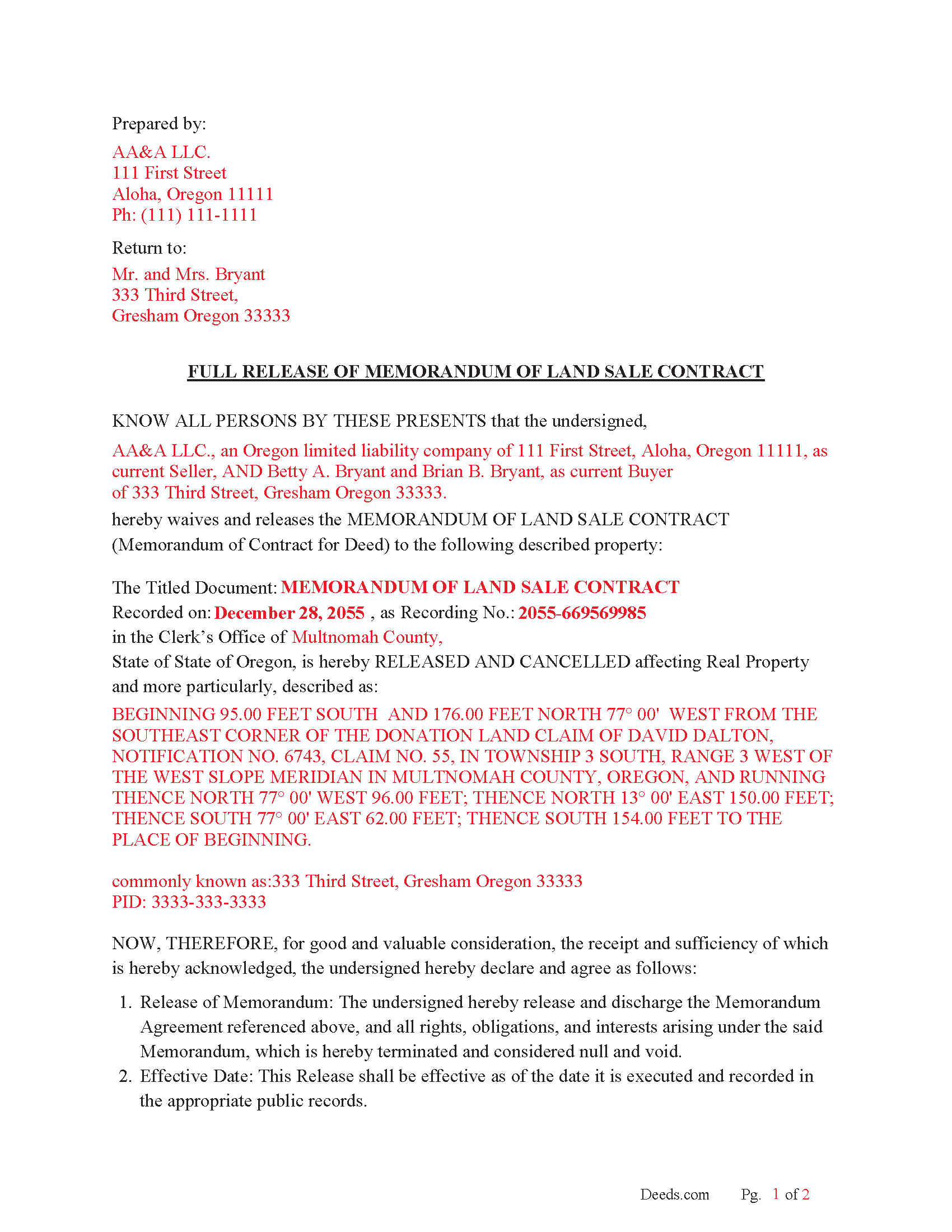 Polk County Completed Example of the Full Release of Memorandum of Land Sale Contract Document