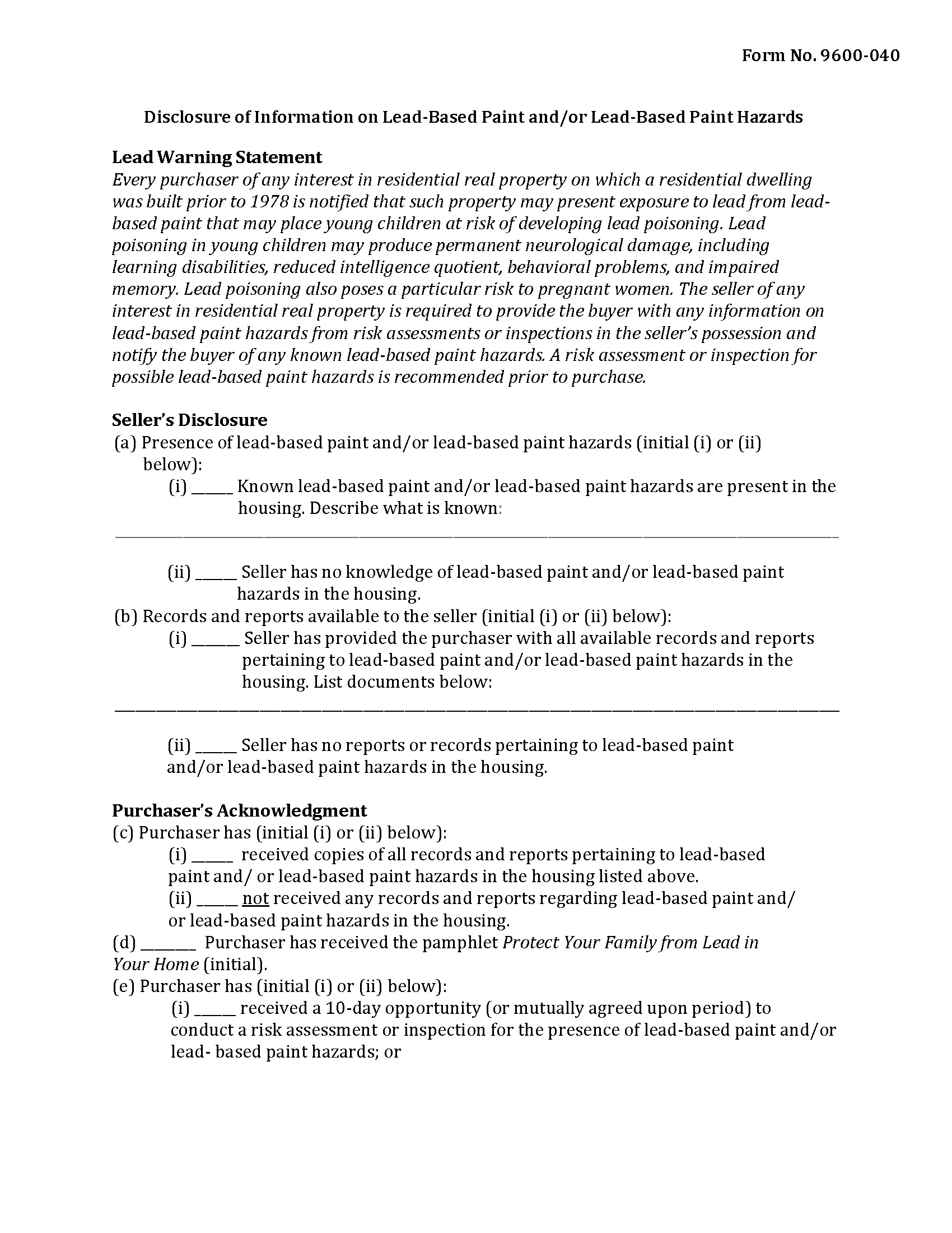 Morrow County Sellers Lead Based Paint Disclosure Form