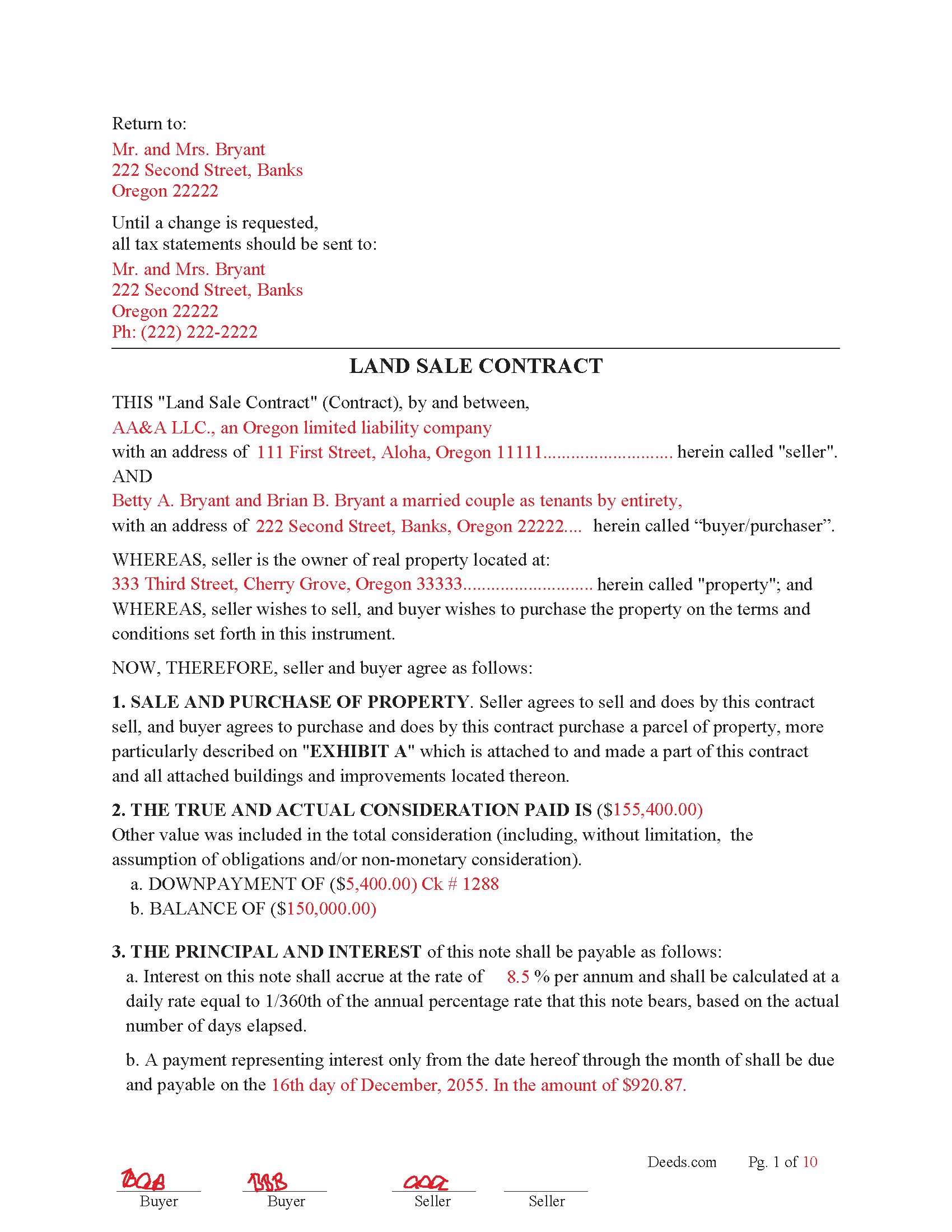 Polk County Completed Example of the Land Sales Contract Document