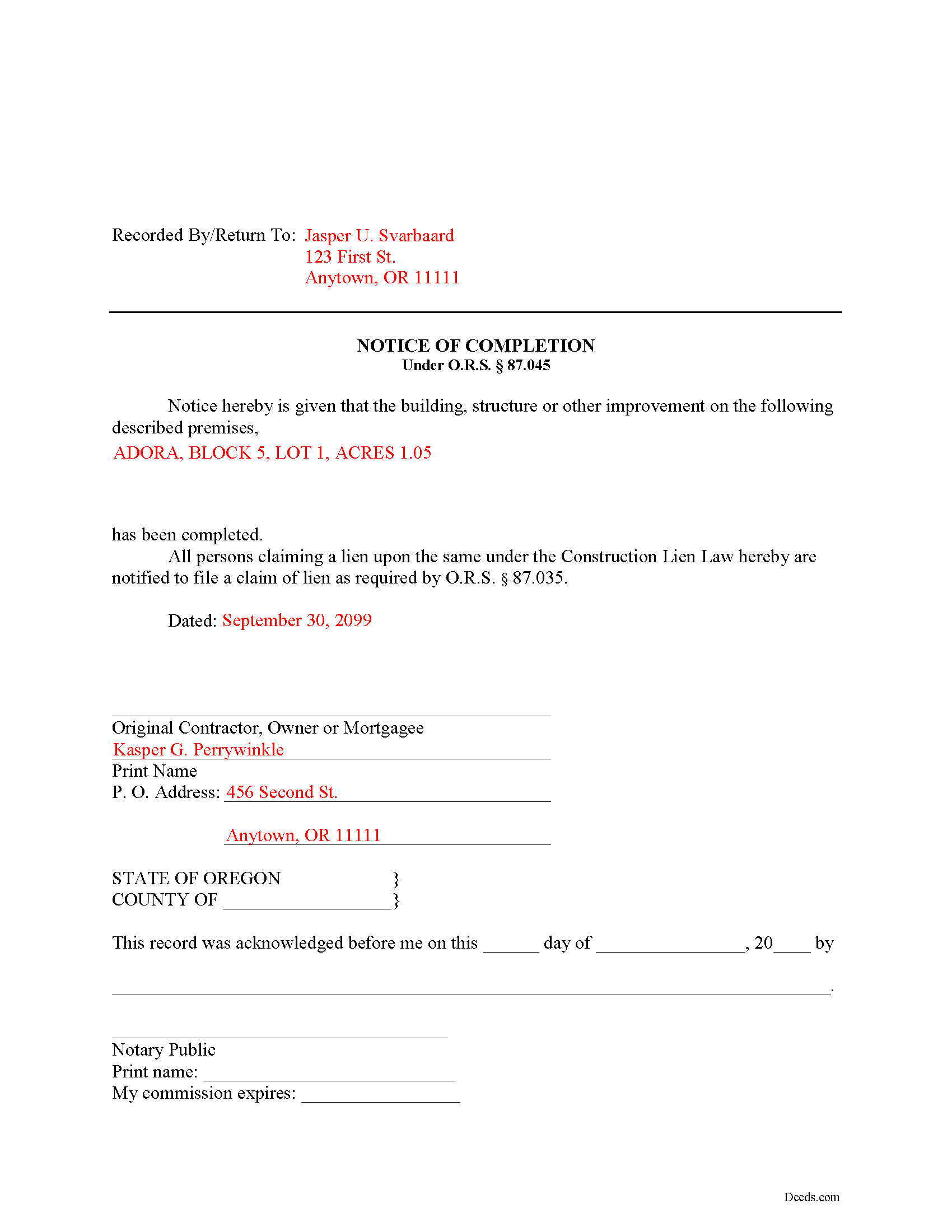 Completed Example of the Notice of Completion Document