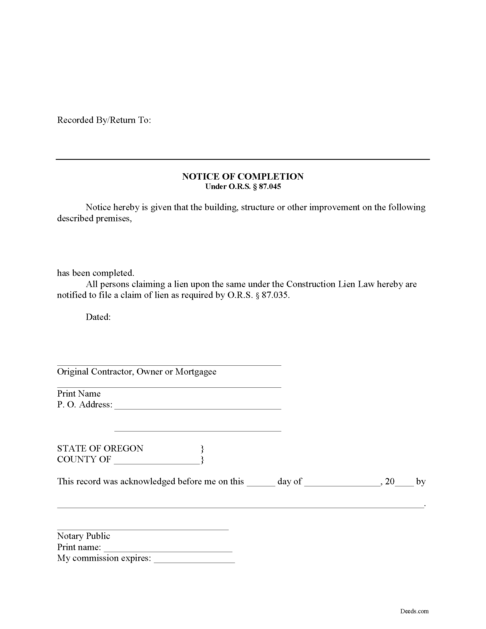 Notice of Completion Form