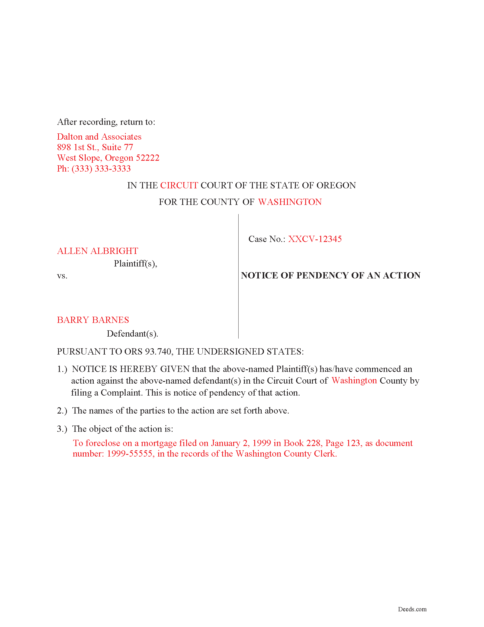Completed Example of the Notice of Pendency Document