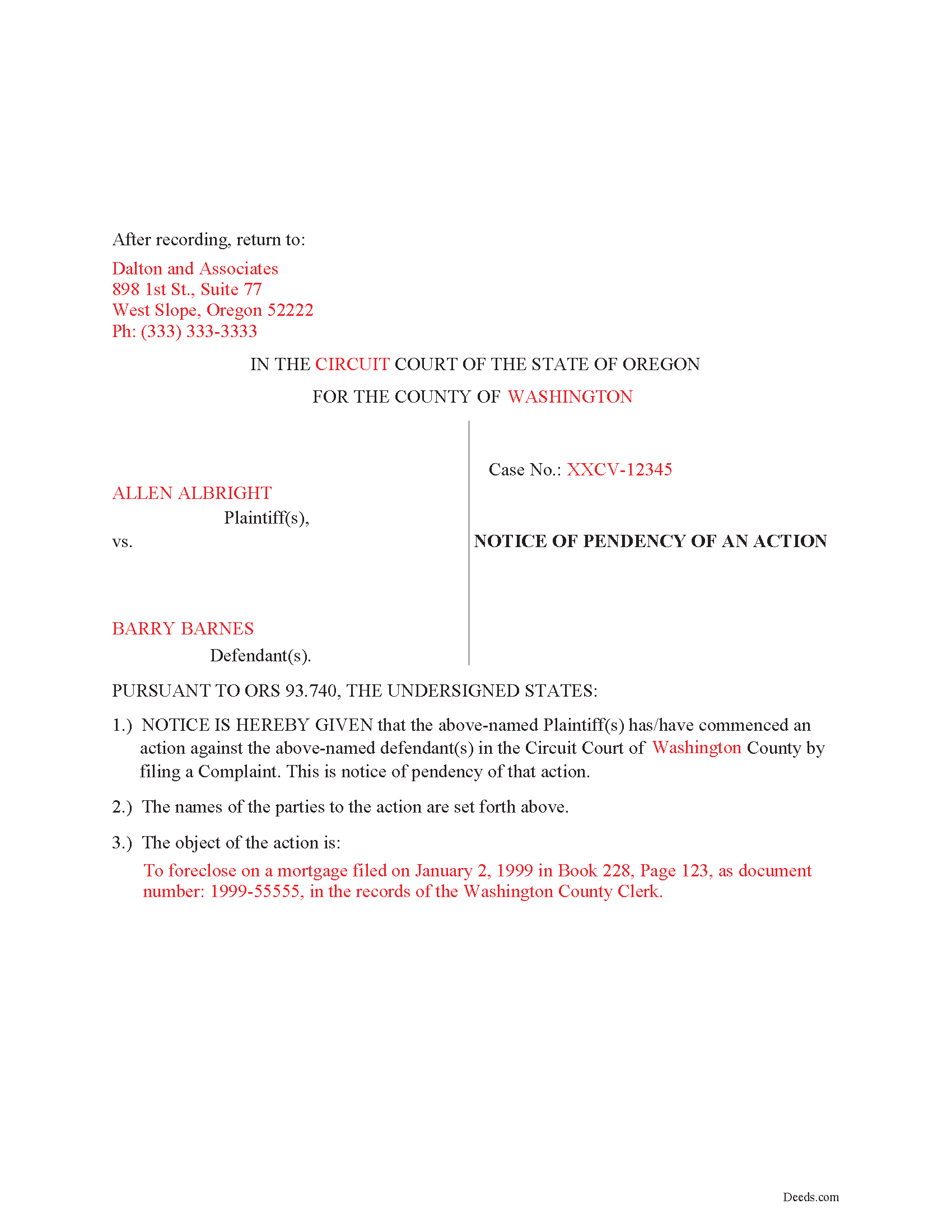 Lane County Completed Example of the Notice of Pendency Document