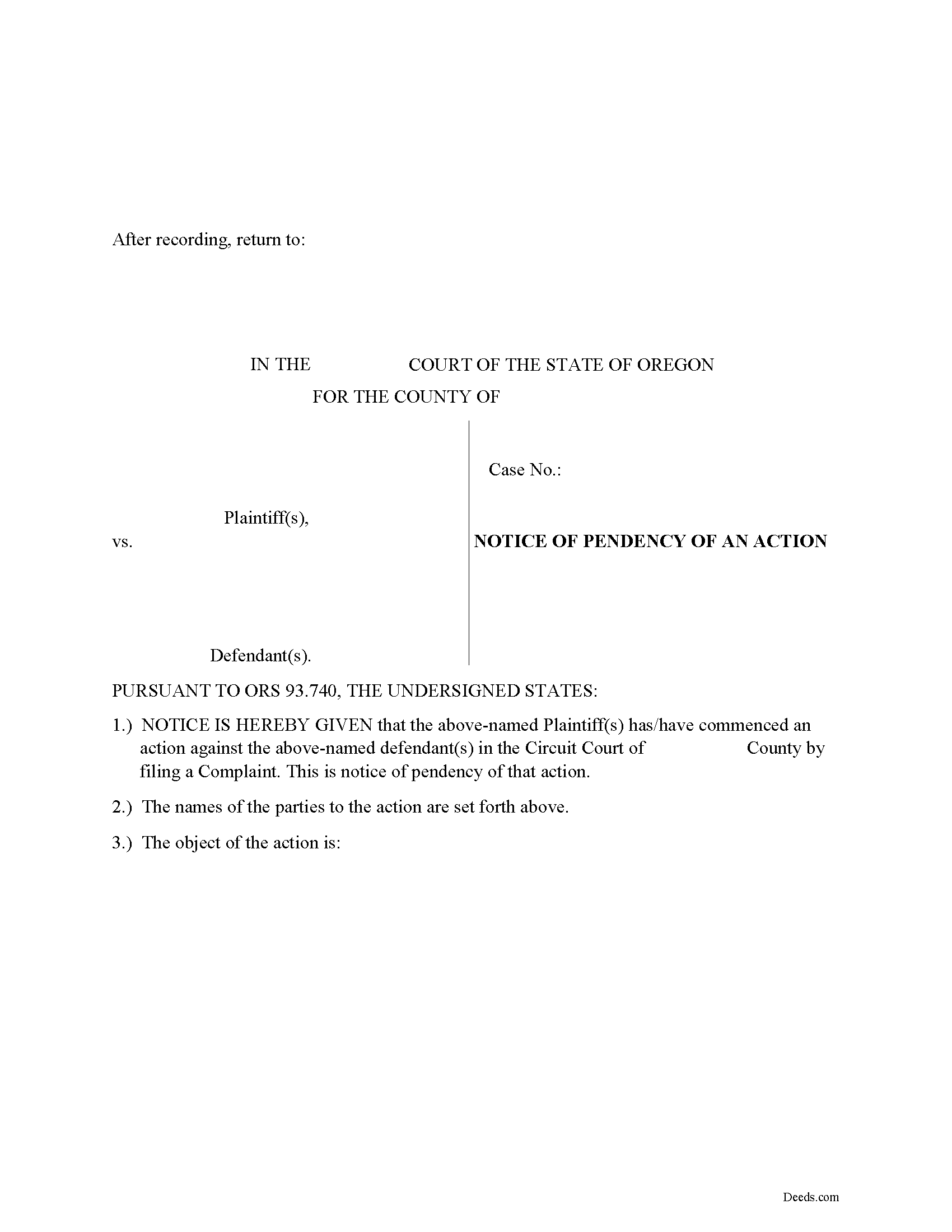 Lane County Notice of Pendency of an Action Form