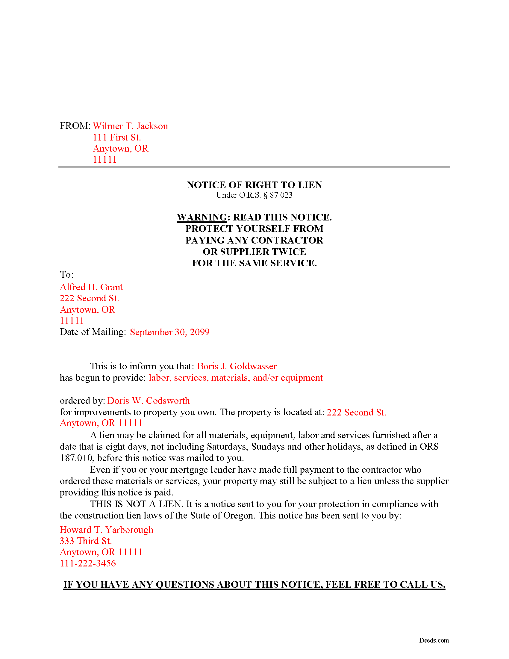 Completed Example of the Notice of Right to Lien Document