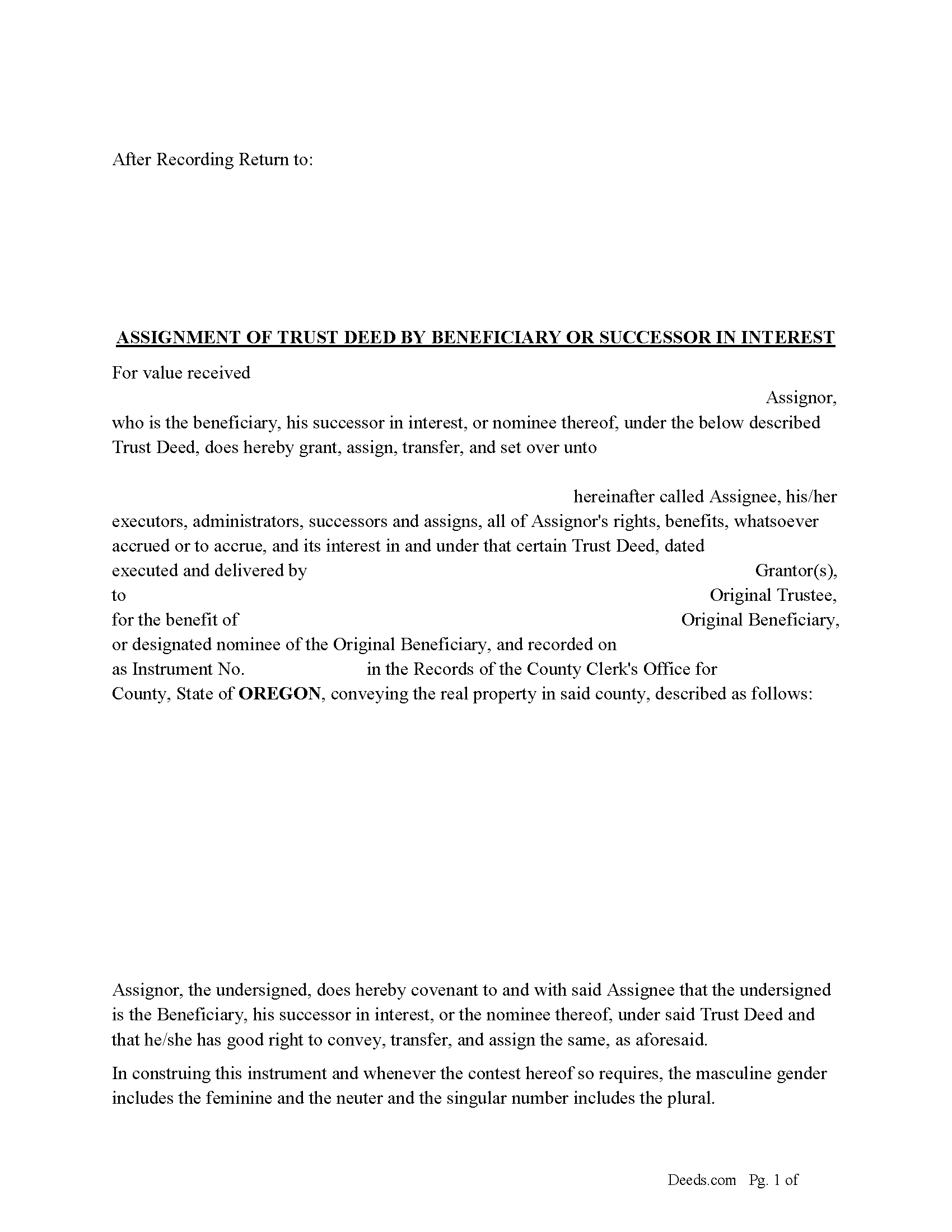 Oregon Assignment of Trust Deed by Beneficiary or Successor in Interest Image