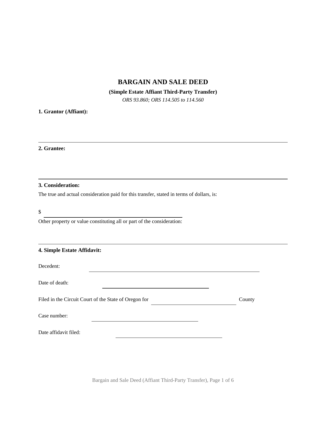 Oregon Bargain and Sale Deed (Simple Estate Affiant Third-Party Transfer)