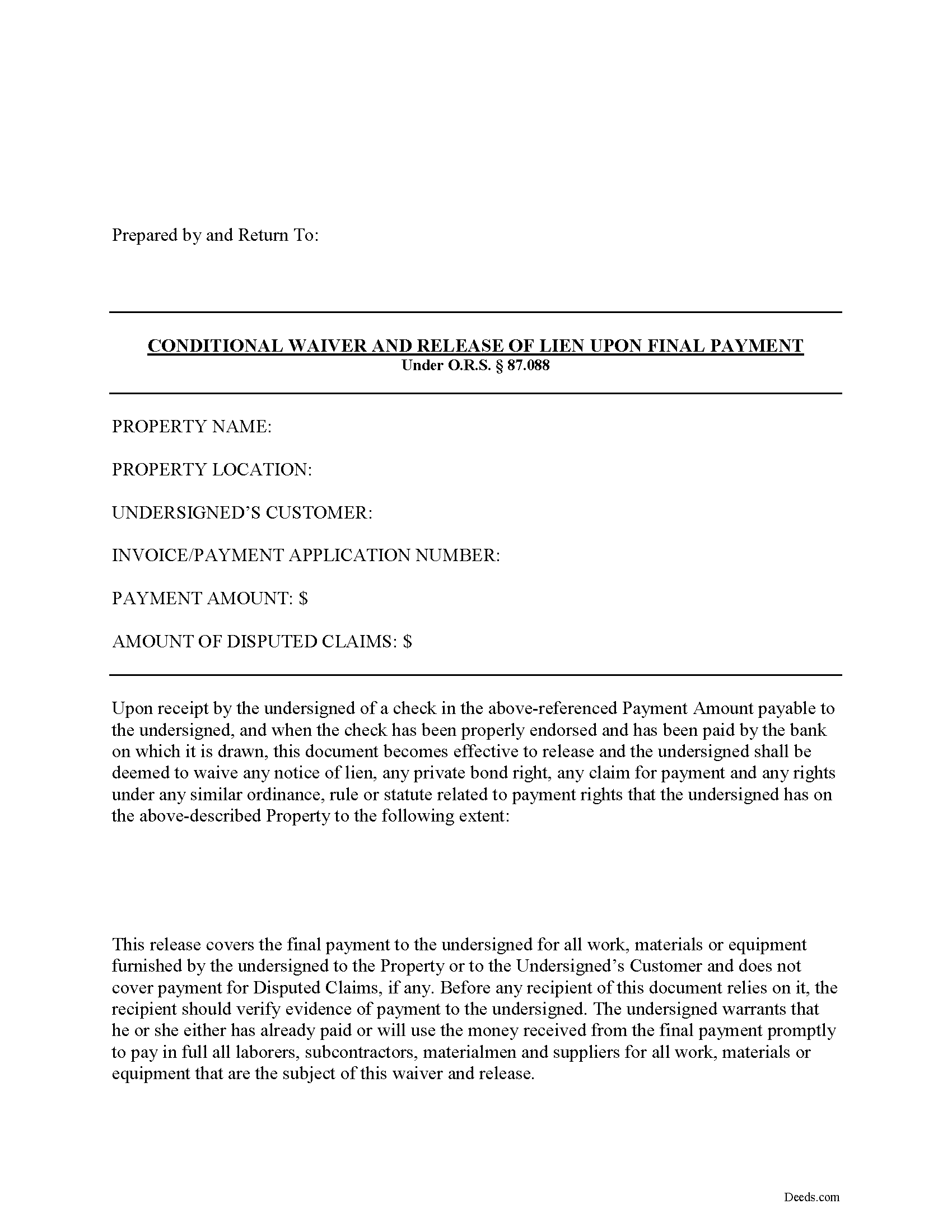 Oregon Conditional Lien Waiver on Final Payment Image