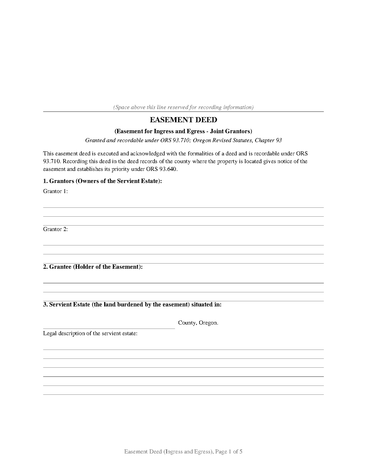 Oregon Easement Deed (Ingress and Egress, Joint Grantors)