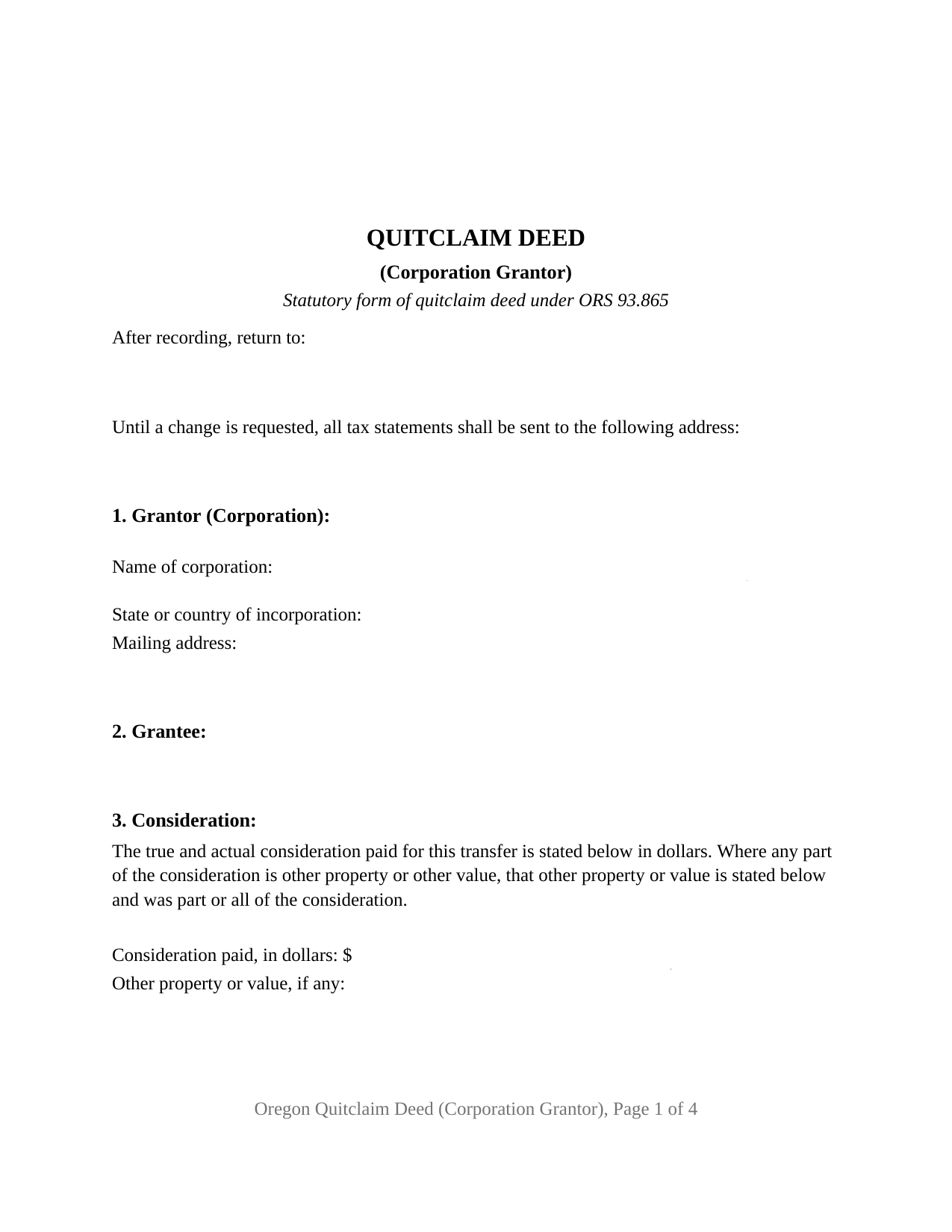 Oregon Quitclaim Deed (Corporation Grantor)
