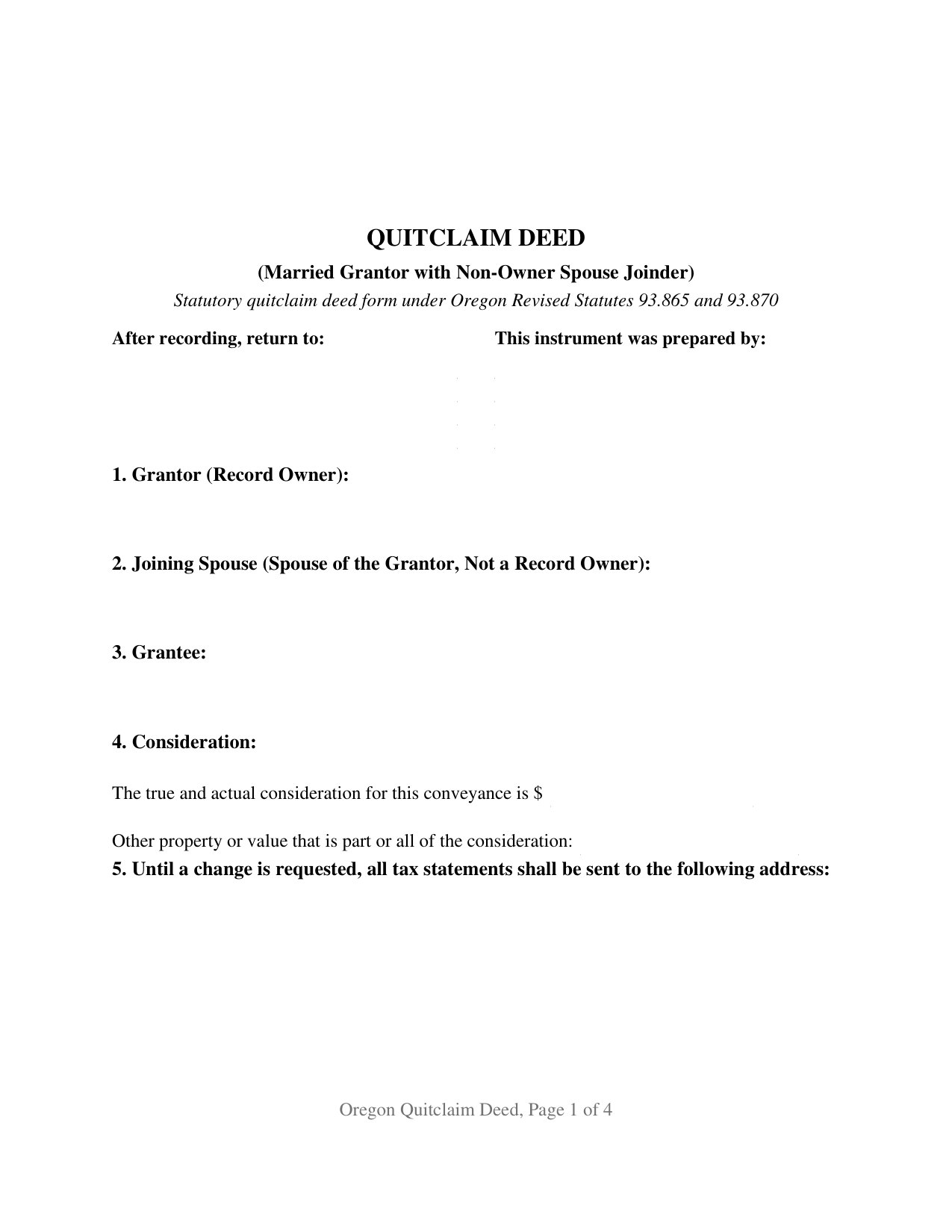 Oregon Quitclaim Deed (Married Grantor with Non-Owner Spouse Joinder)