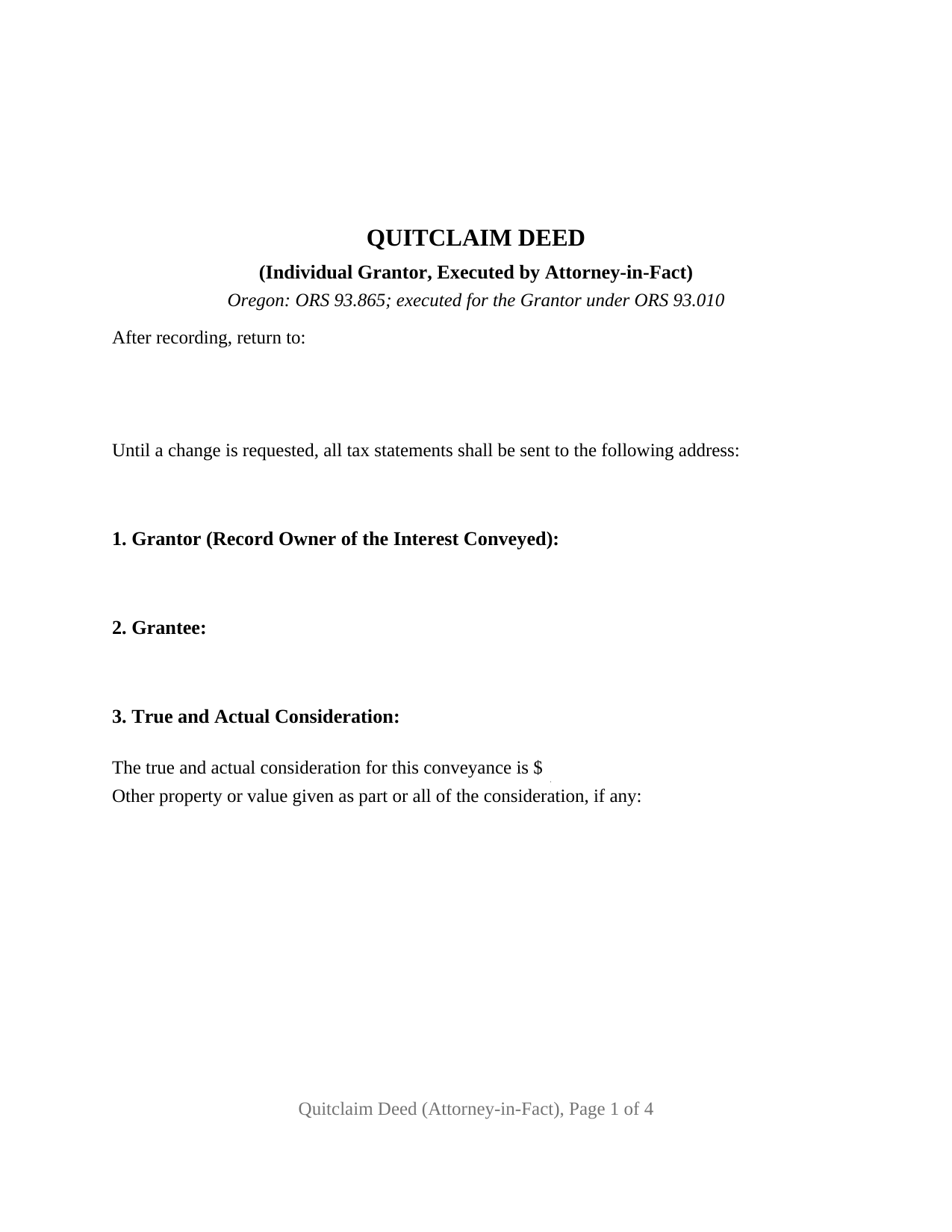 Oregon Quitclaim Deed (Individual Grantor by Attorney-in-Fact)