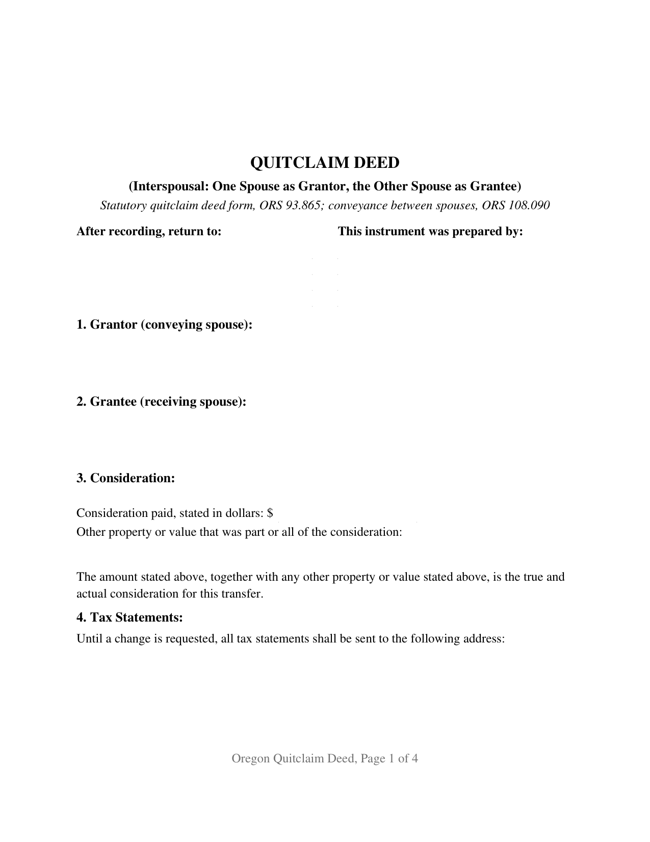 Oregon Quitclaim Deed (Interspousal)