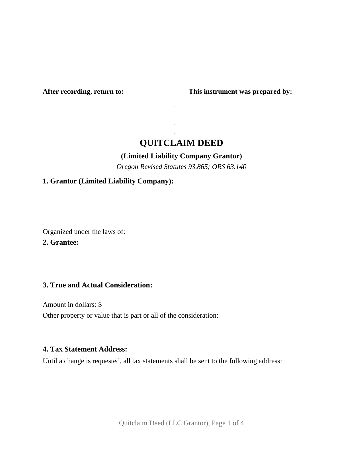 Oregon Quitclaim Deed (LLC Grantor)