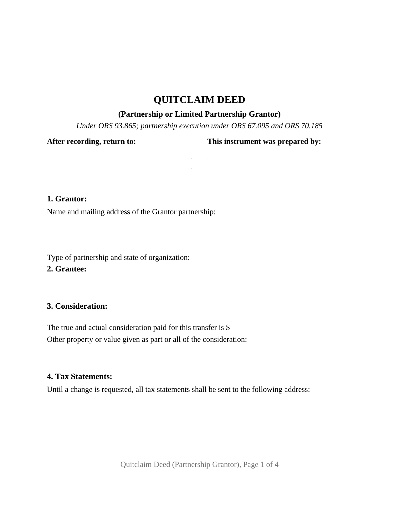 Oregon Quitclaim Deed (Partnership or Limited Partnership Grantor)