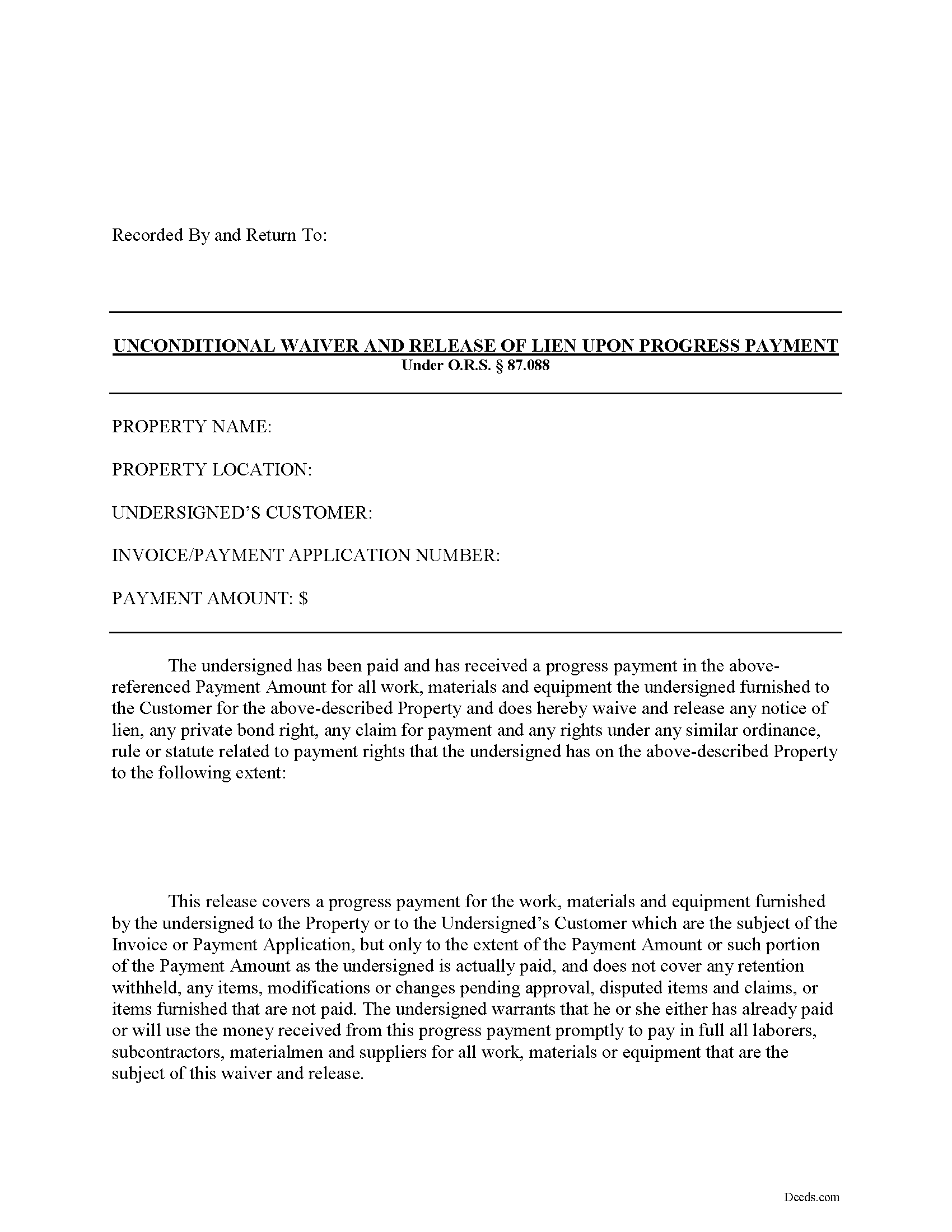 Oregon Unconditional Lien Waiver on Progress Payment Image