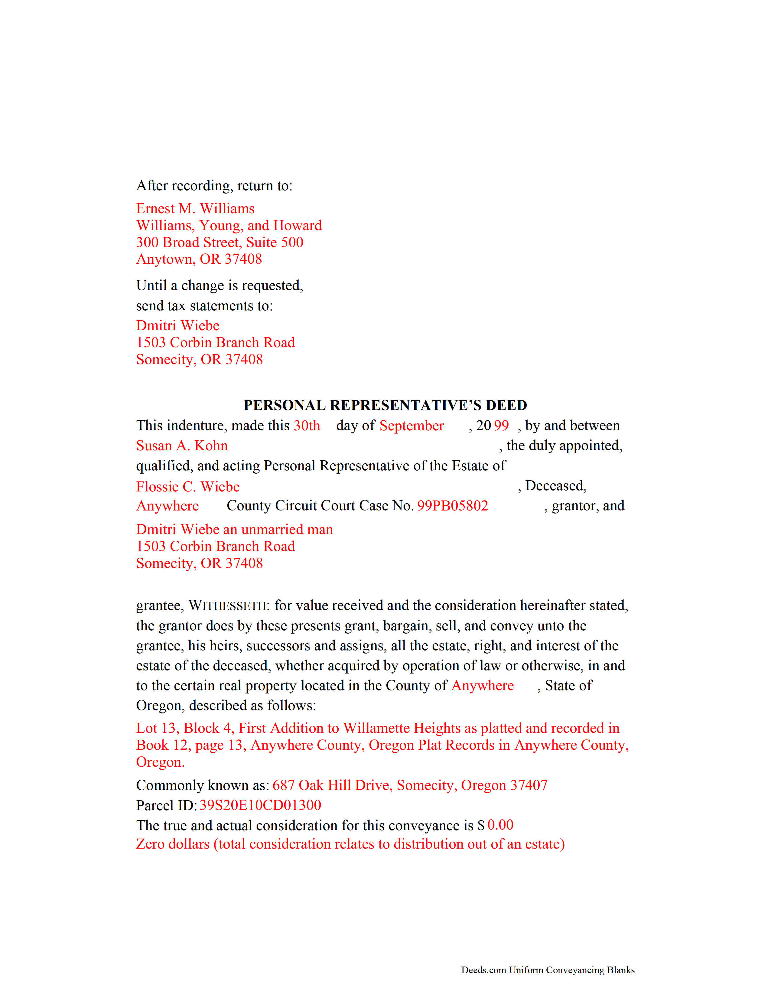 Linn County Completed Example of the Personal Representative Deed Document