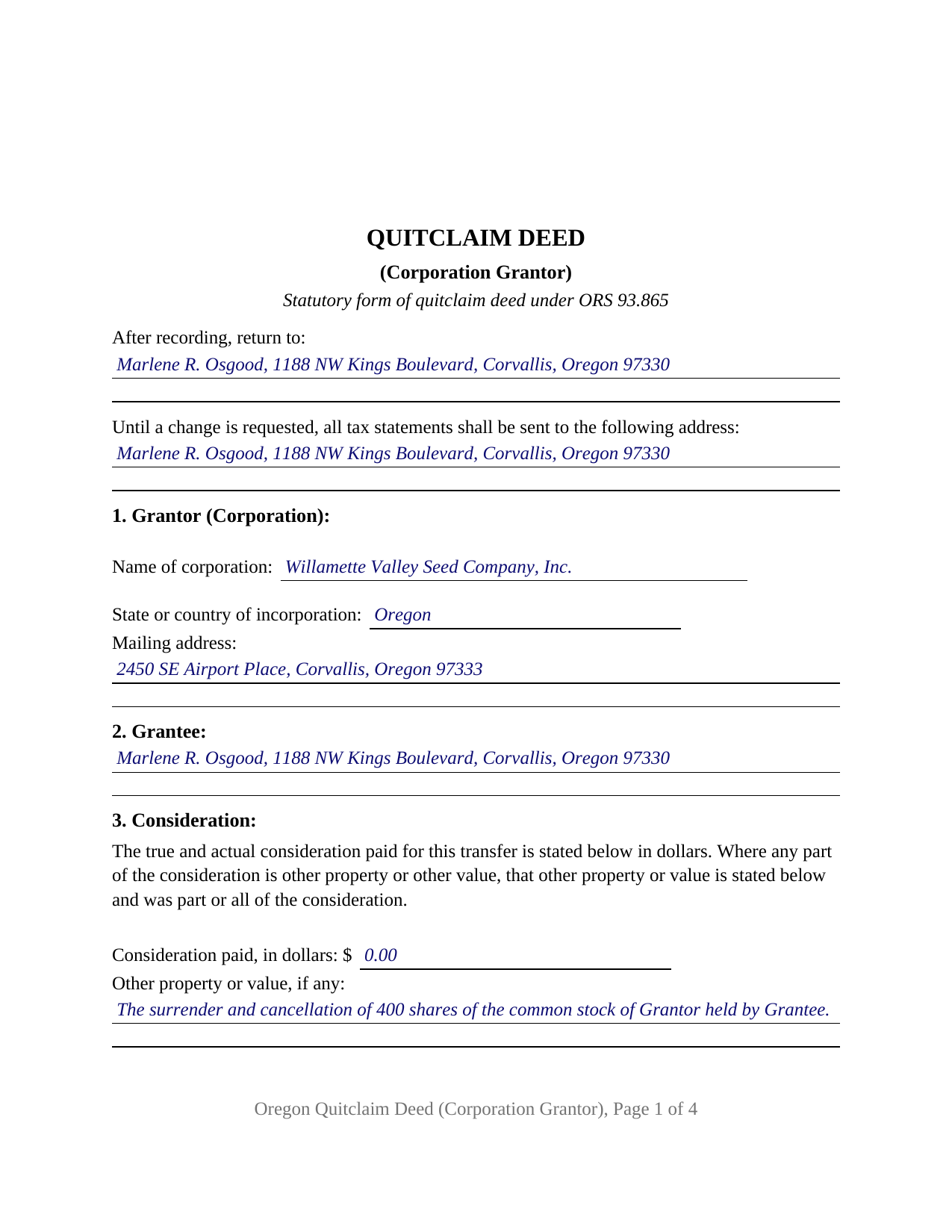 Curry County Completed Example of the Quitclaim Deed (Corporation Grantor) Document