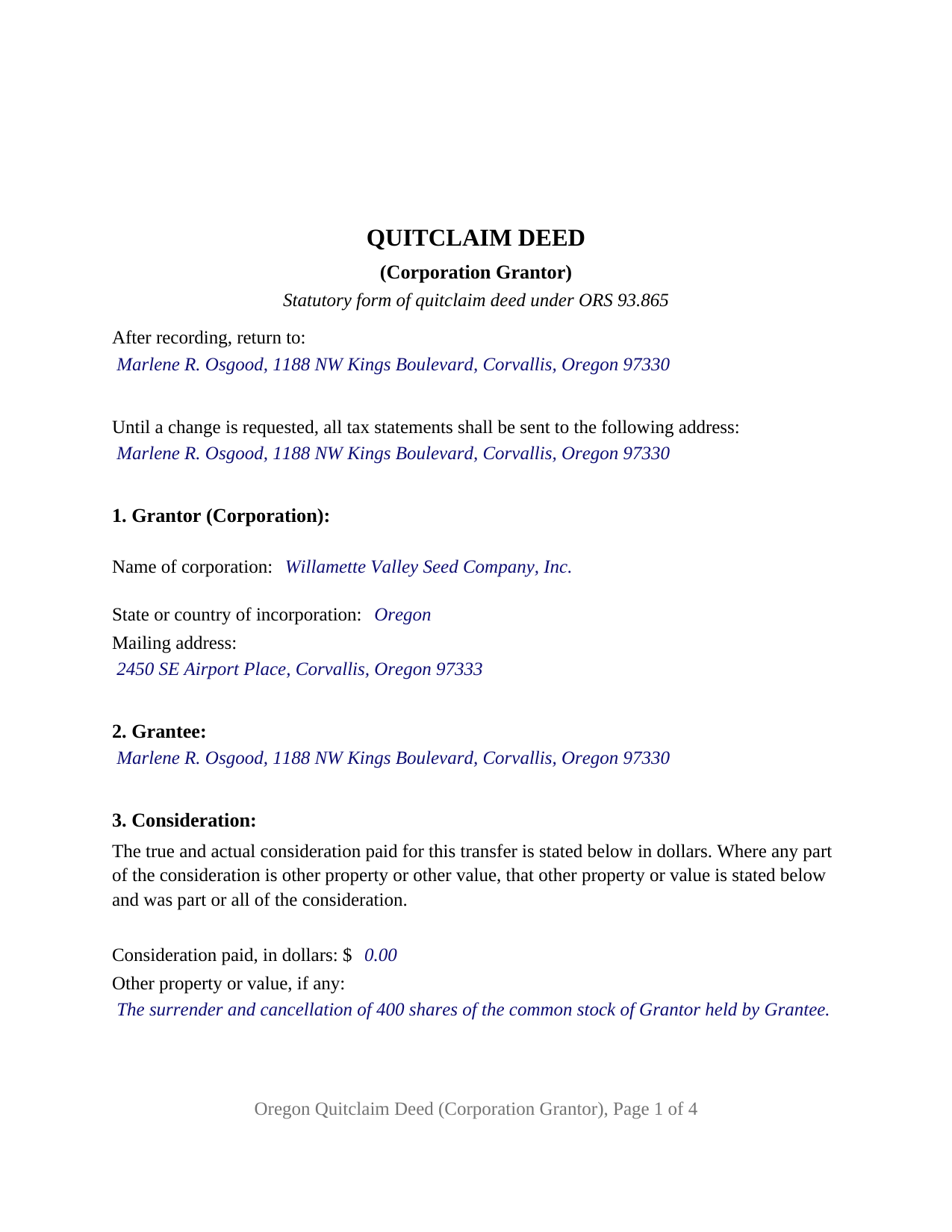 Douglas County Completed Example of the Quitclaim Deed (Corporation Grantor) Document