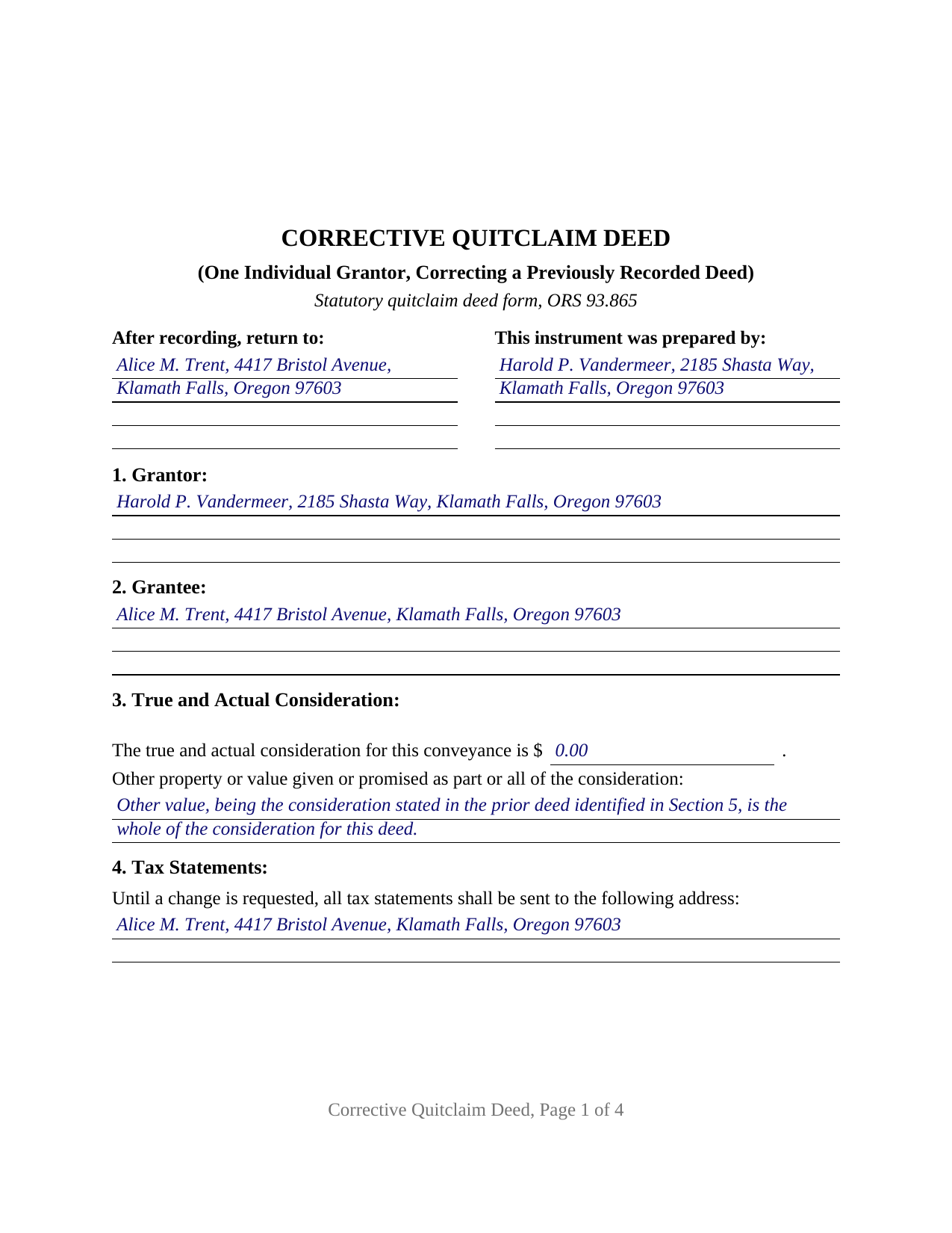 Wheeler County Completed Example of the Quitclaim Deed (Corrective) Document