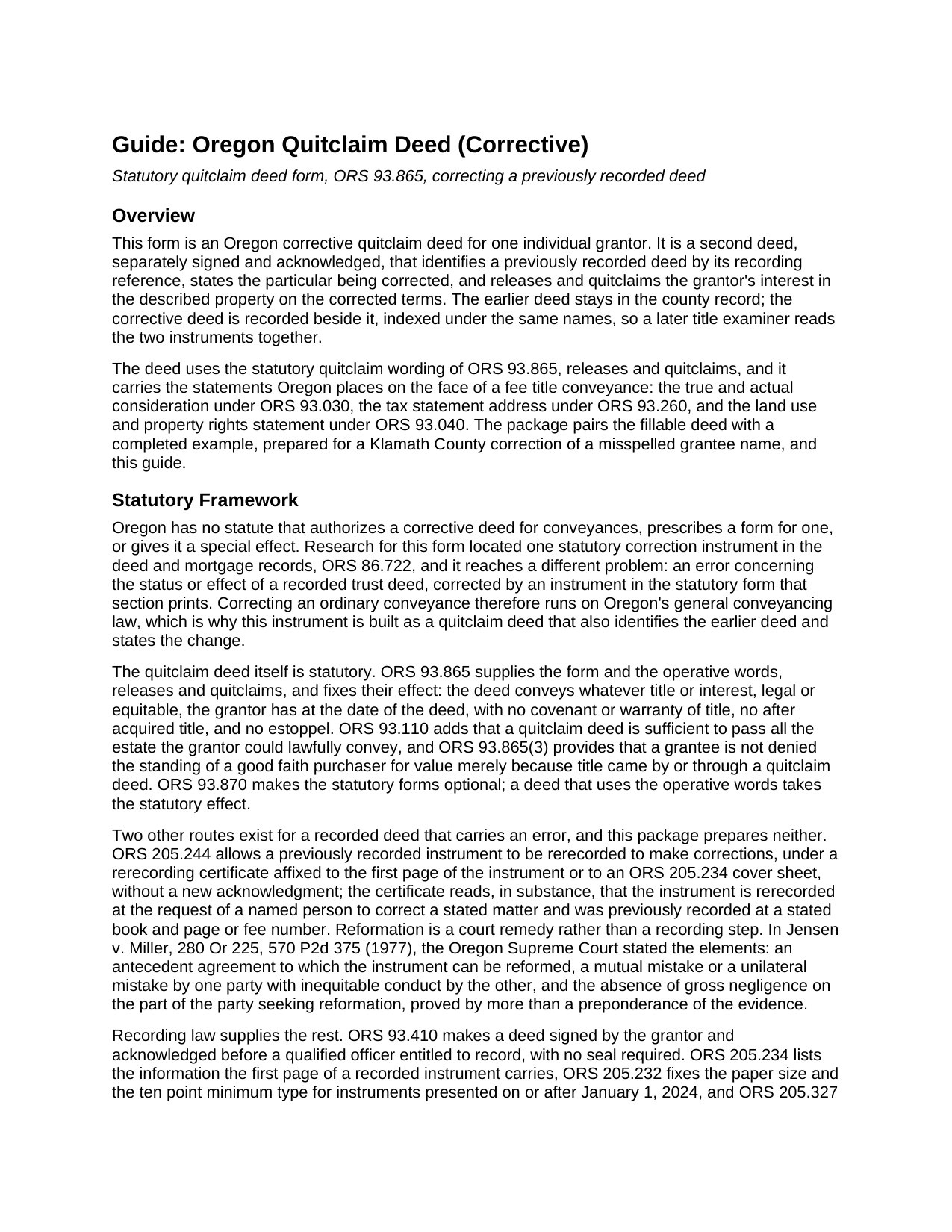 Lane County Quitclaim Deed (Corrective) Guide