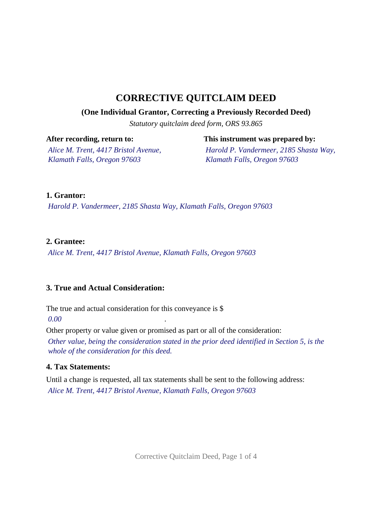 Lane County Completed Example of the Quitclaim Deed (Corrective) Document