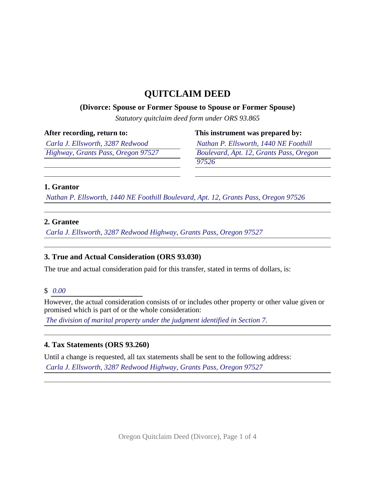 Jackson County Completed Example of the Quitclaim Deed (Divorce) Document