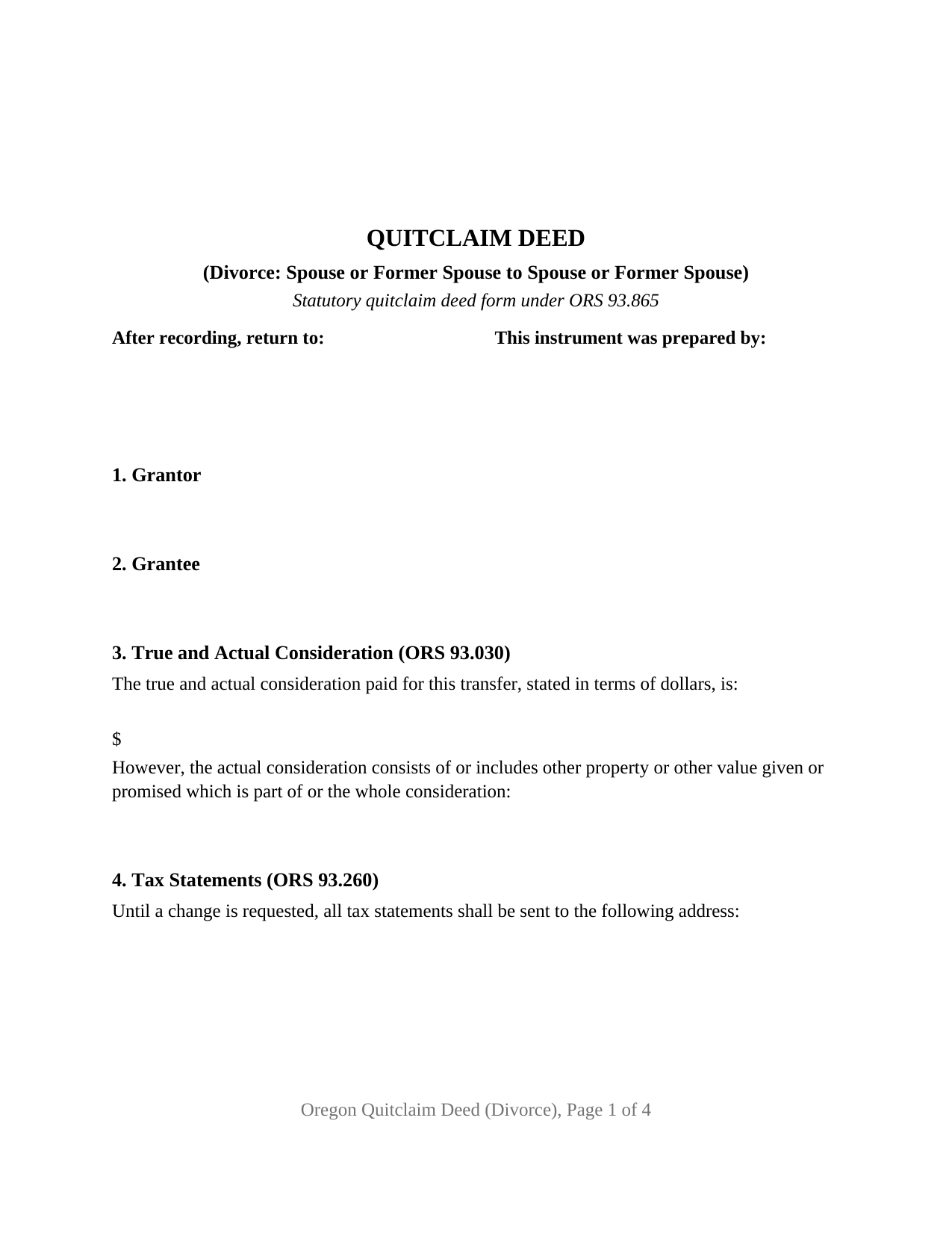 Lane County Quitclaim Deed (Divorce) Form