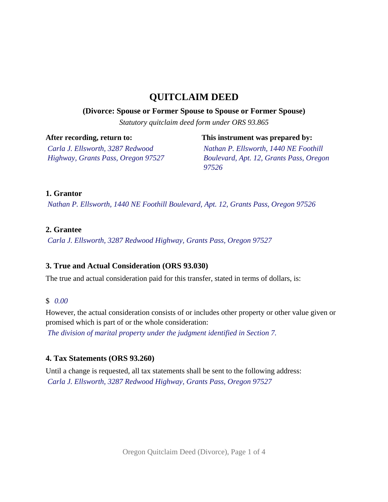 Lane County Completed Example of the Quitclaim Deed (Divorce) Document