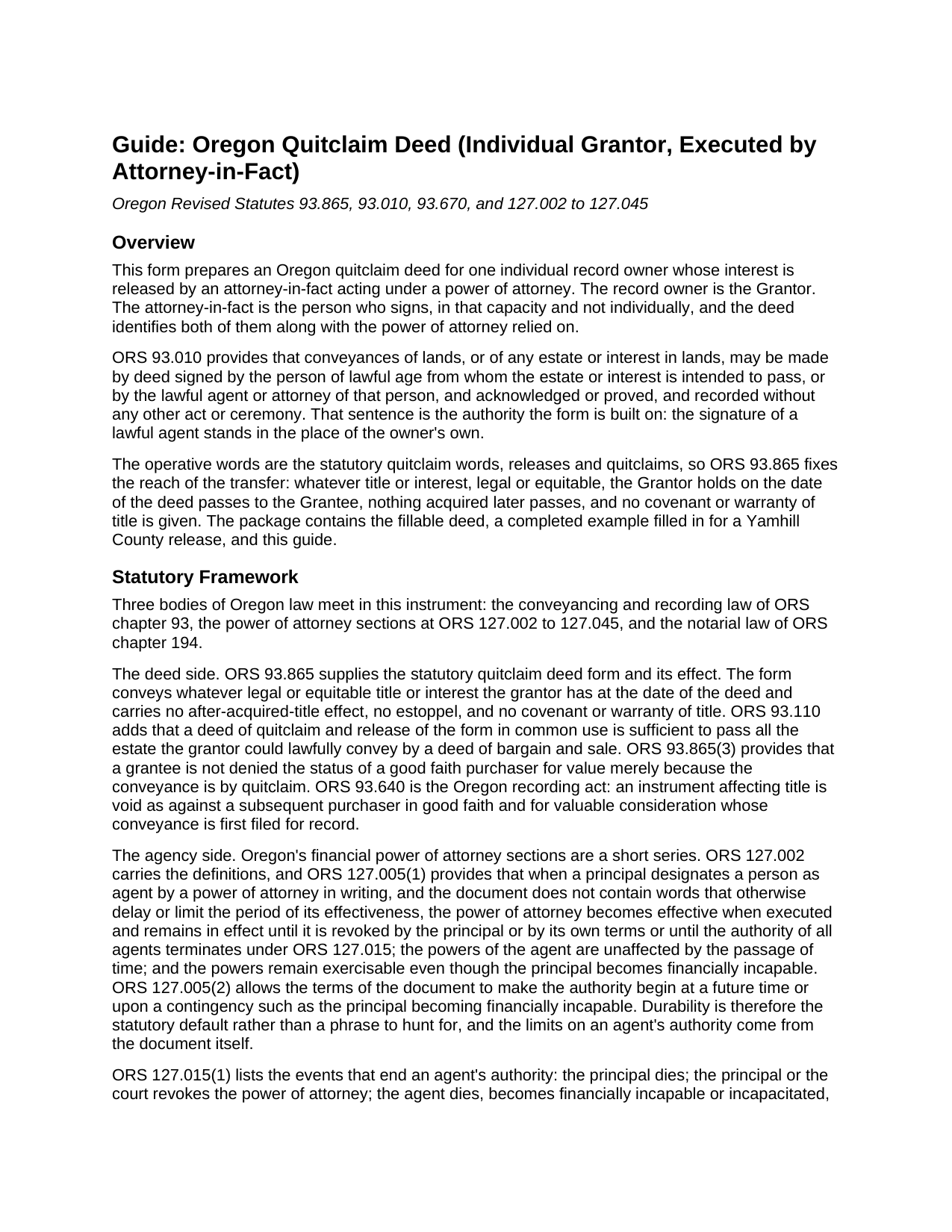 Klamath County Quitclaim Deed (Individual Grantor by Attorney-in-Fact) Guide