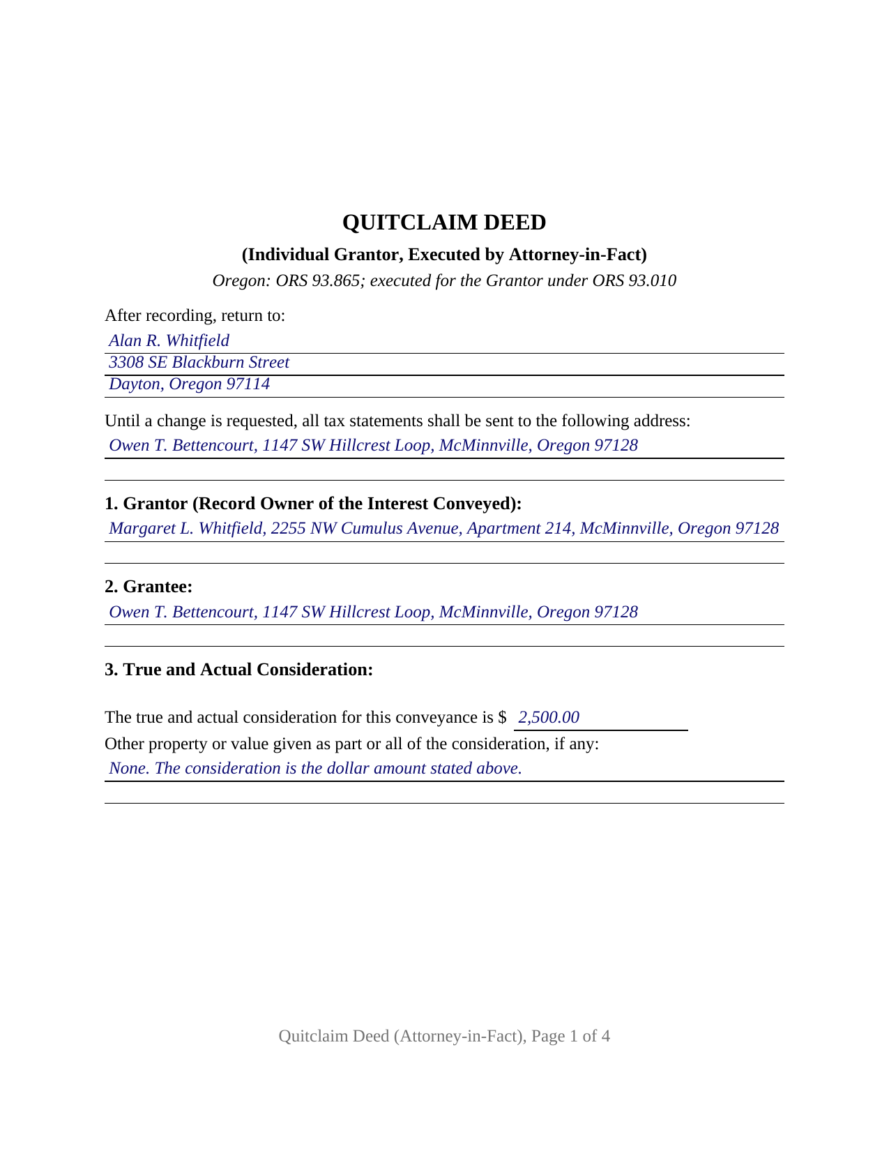 Klamath County Completed Example of the Quitclaim Deed (Individual Grantor by Attorney-in-Fact) Document