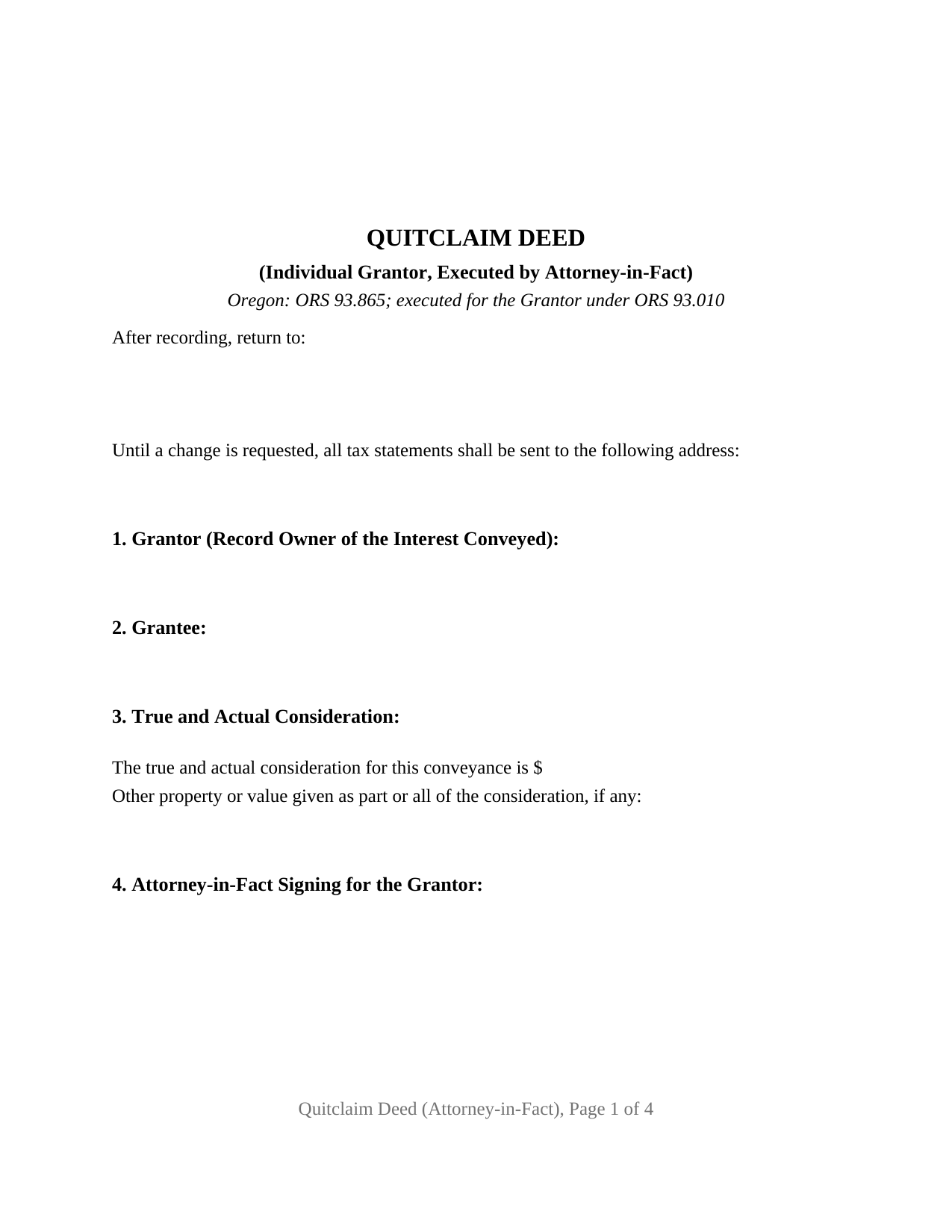 Lake County Quitclaim Deed (Individual Grantor by Attorney-in-Fact) Form