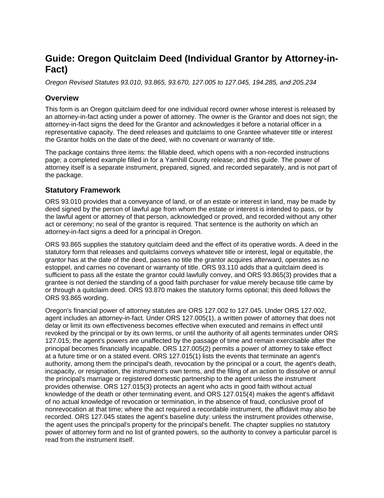 Lake County Quitclaim Deed (Individual Grantor by Attorney-in-Fact) Guide