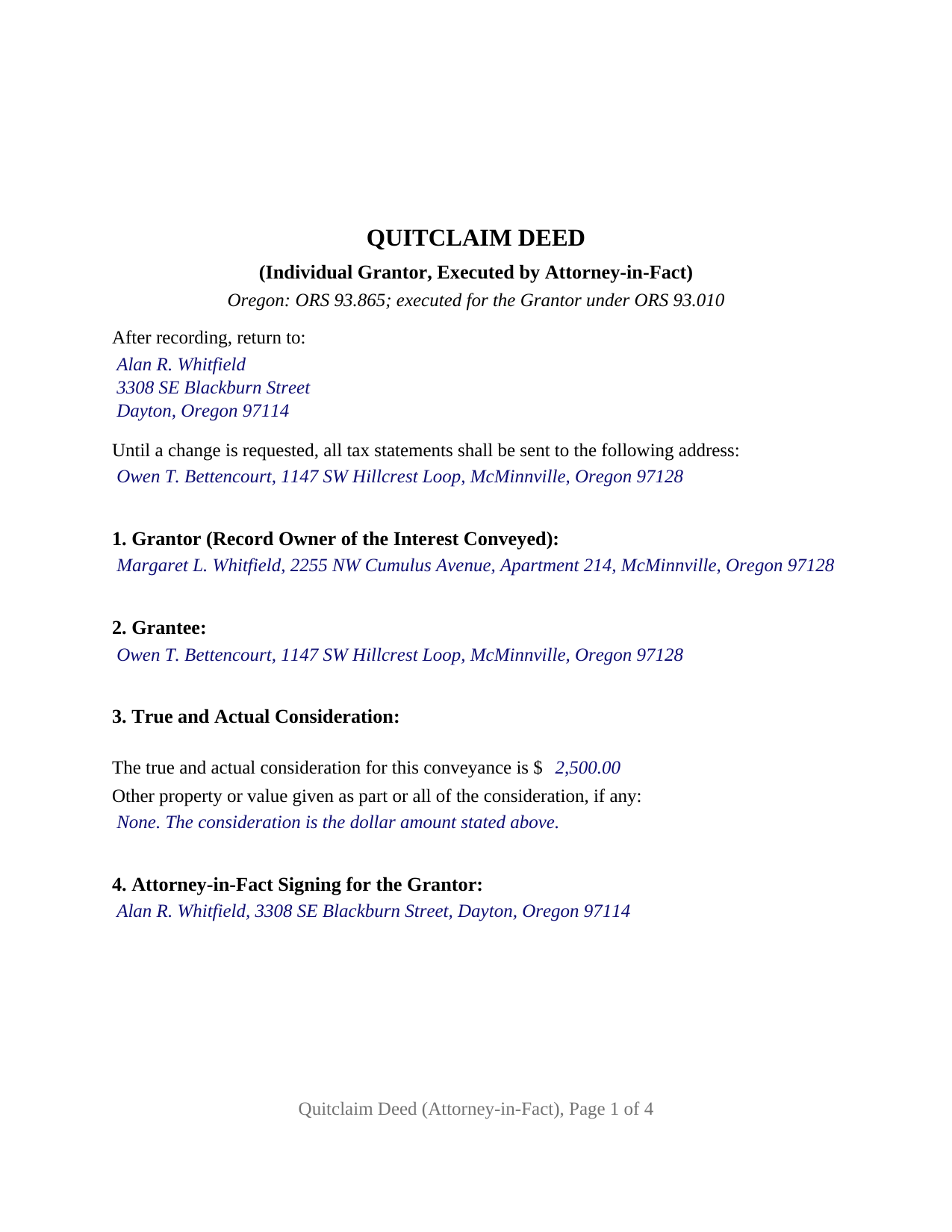 Lake County Completed Example of the Quitclaim Deed (Individual Grantor by Attorney-in-Fact) Document