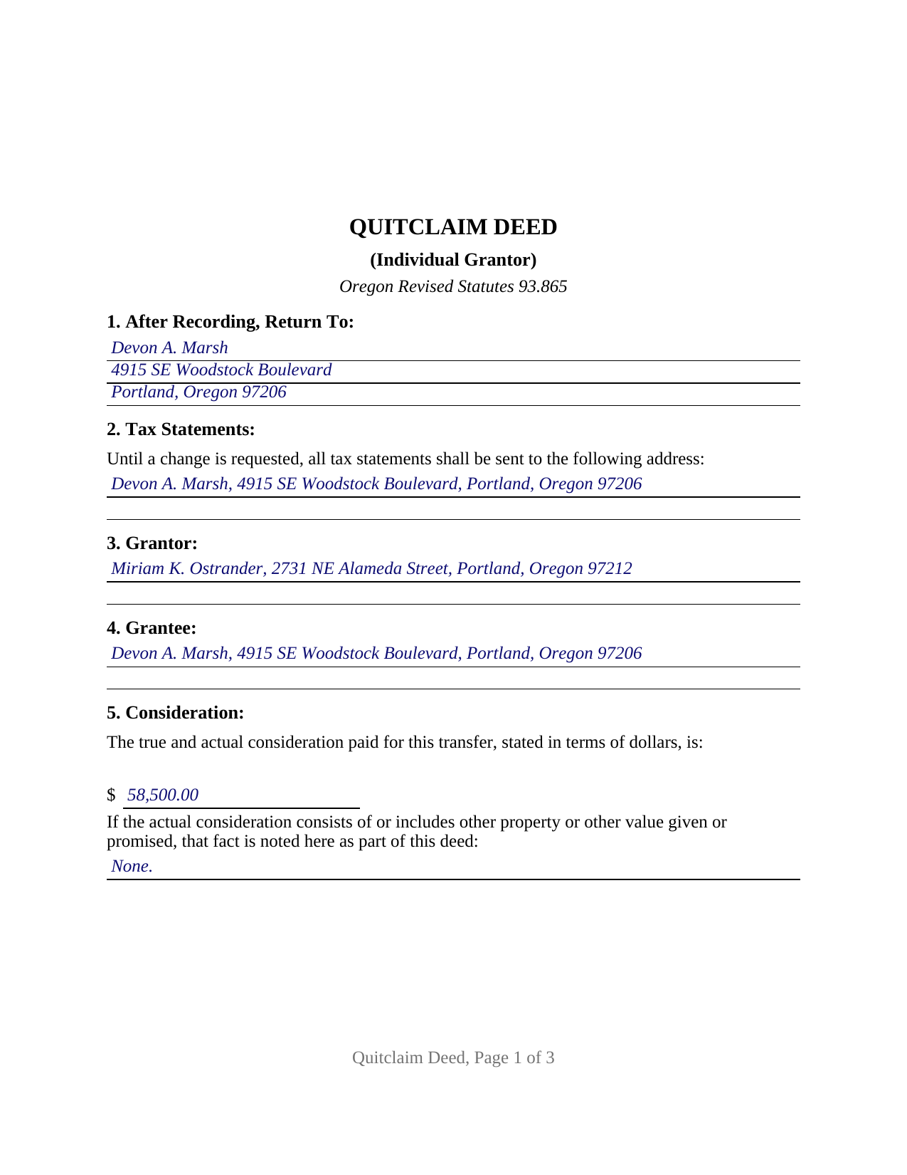 Wasco County Completed Example of the Quitclaim Deed (Individual Grantor) Document